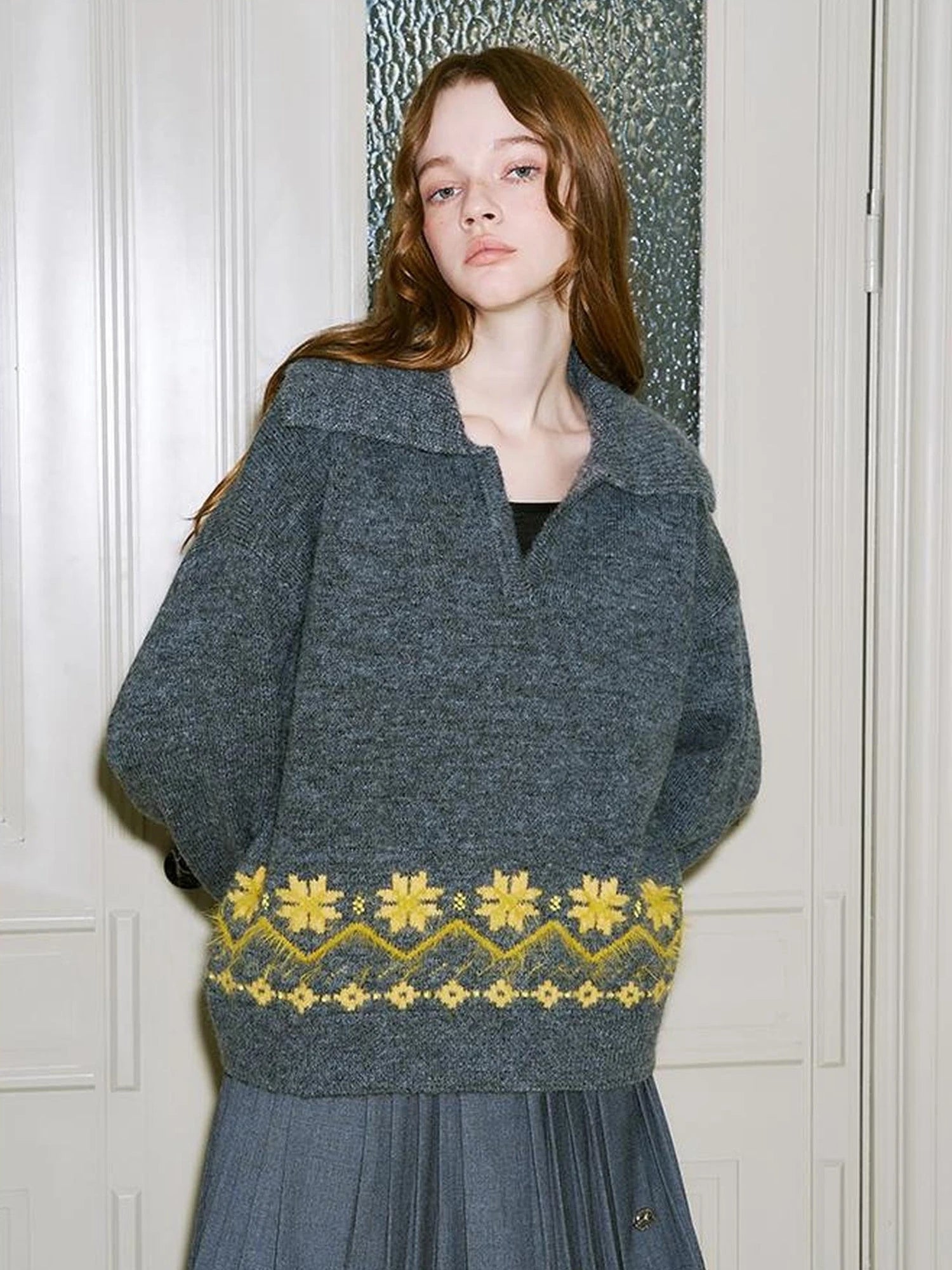Fair Isle Embroidered Polo Neck Sweater