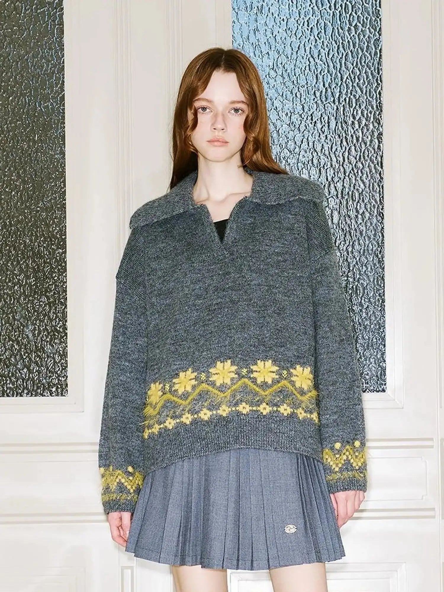 Fair Isle Embroidered Polo Neck Sweater