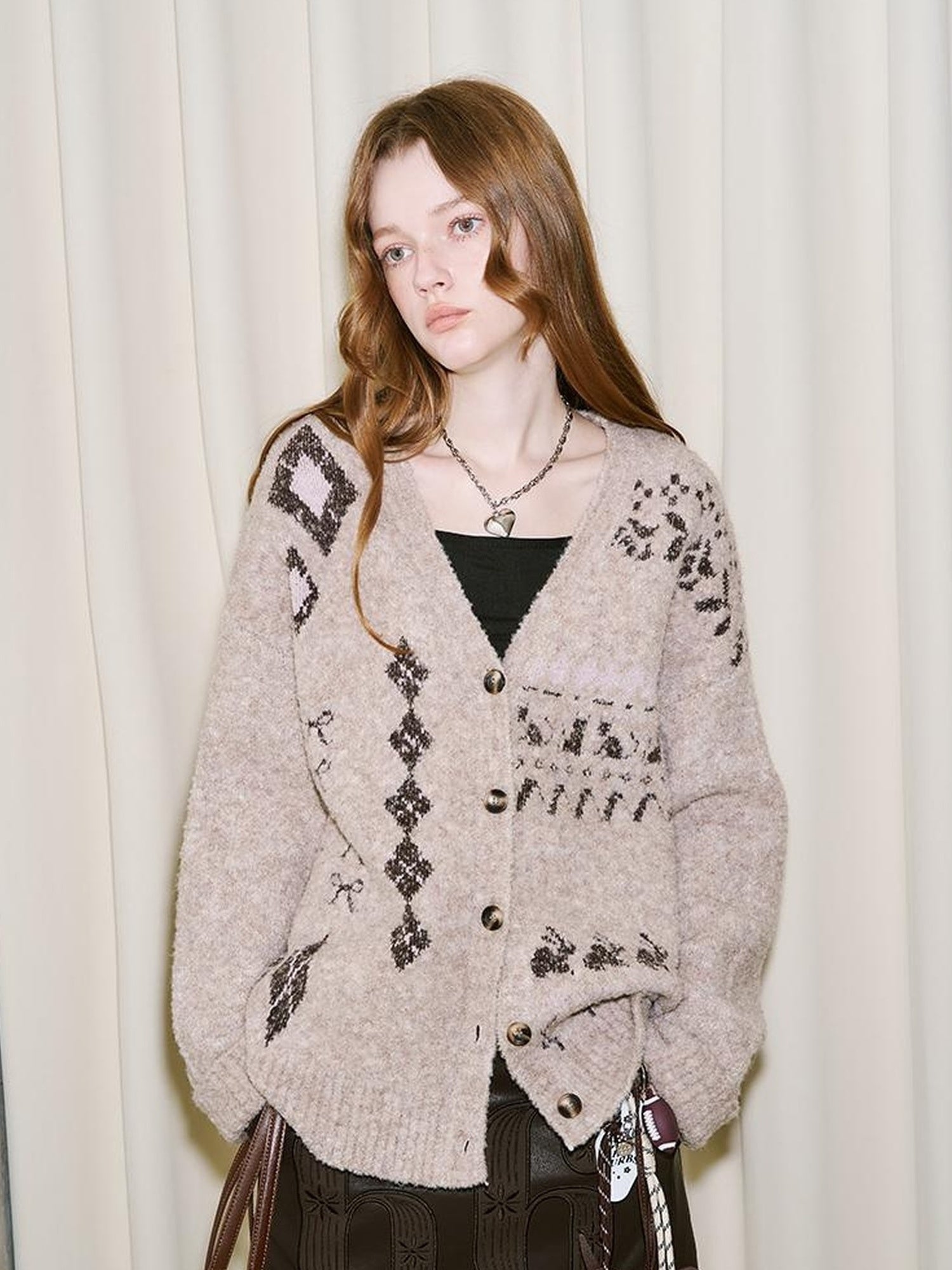 DIDDI MODA Fair Isle Knit Cardigan Retro Diamond Pattern Long Sleeve Coat