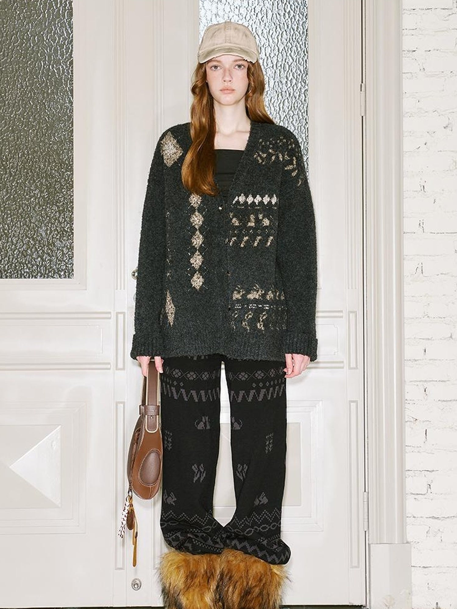 DIDDI MODA Fair Isle Knit Cardigan Retro Diamond Pattern Long Sleeve Coat