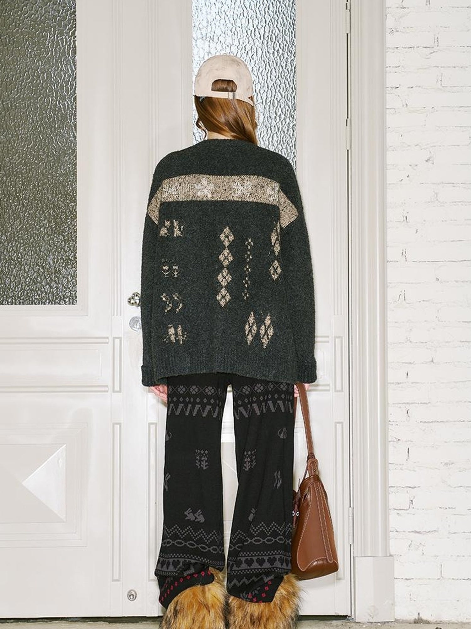 DIDDI MODA Fair Isle Knit Cardigan Retro Diamond Pattern Long Sleeve Coat