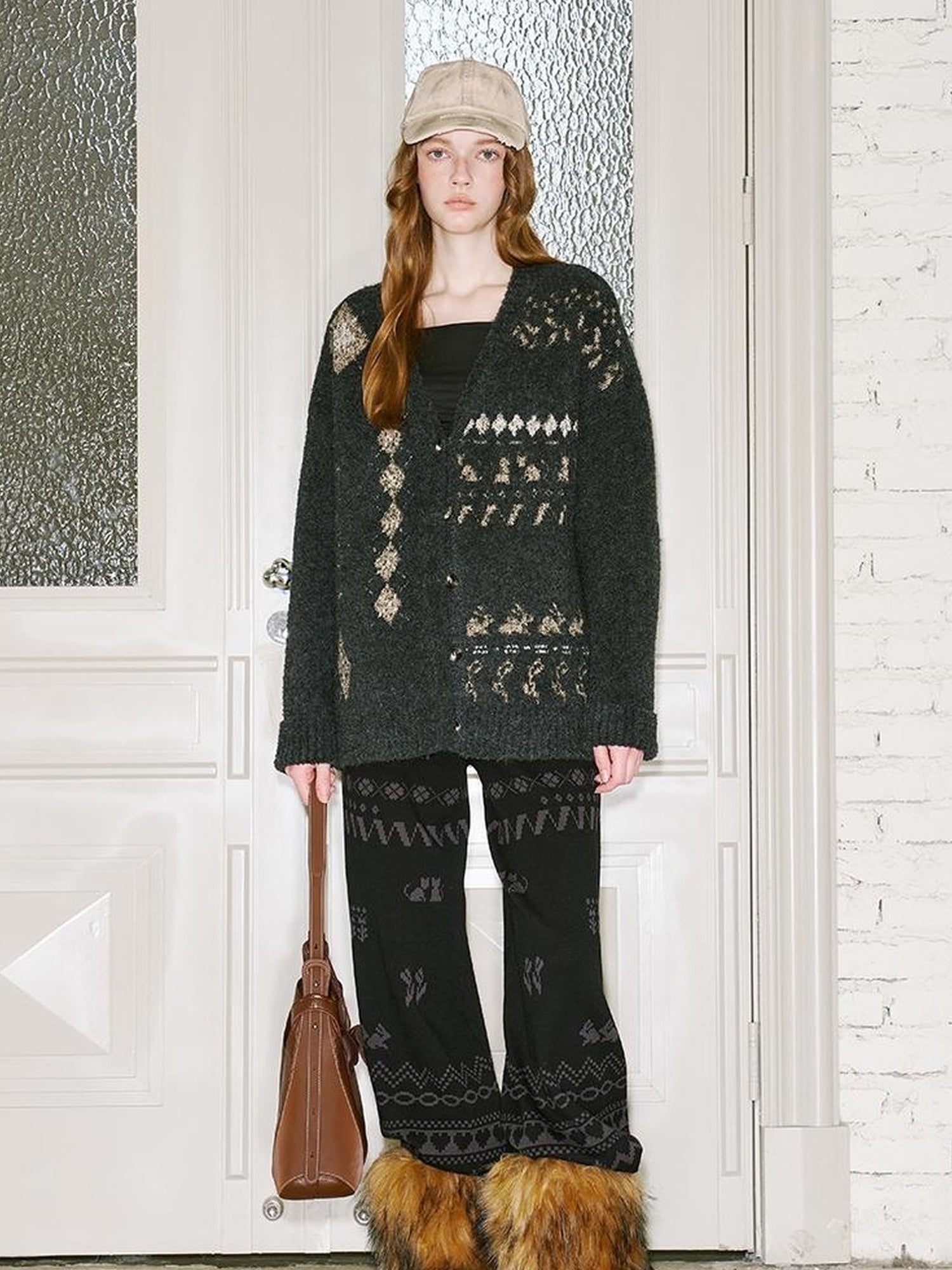 DIDDI MODA Fair Isle Knit Cardigan Retro Diamond Pattern Long Sleeve Coat