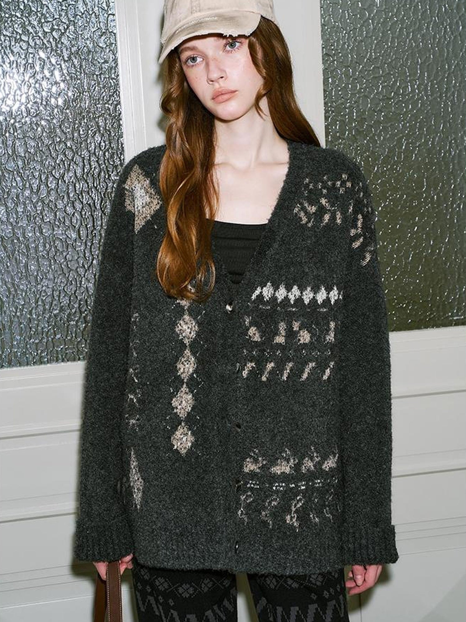 DIDDI MODA Fair Isle Knit Cardigan Retro Diamond Pattern Long Sleeve Coat