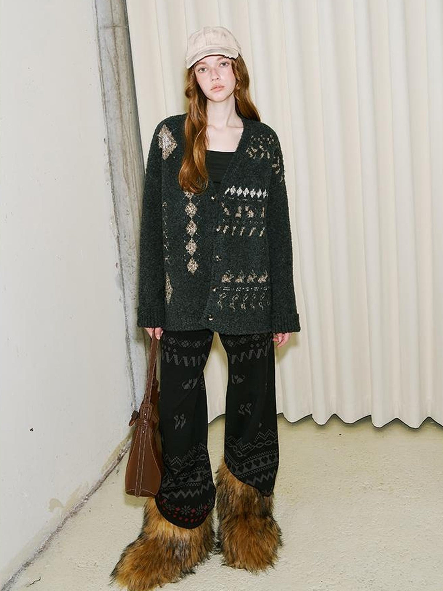 DIDDI MODA Fair Isle Knit Cardigan Retro Diamond Pattern Long Sleeve Coat