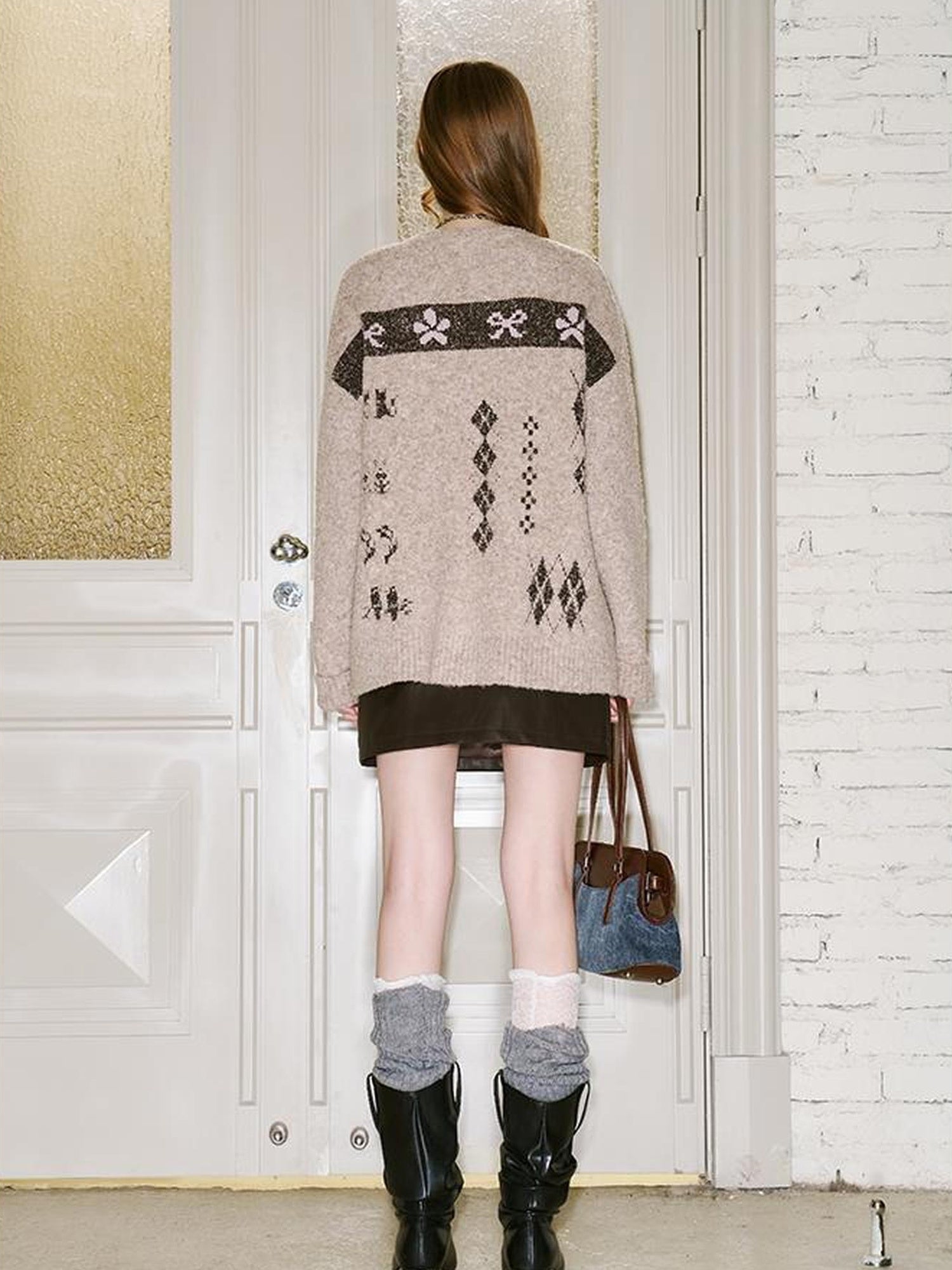 DIDDI MODA Fair Isle Knit Cardigan Retro Diamond Pattern Long Sleeve Coat