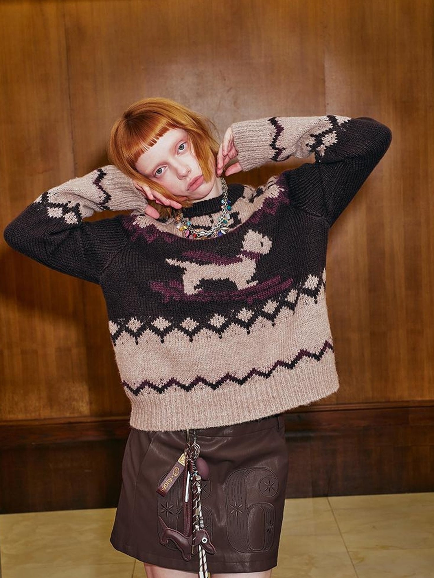 DIDDI MODA Fair Isle Ski Dog Colorblock Knit Sweater