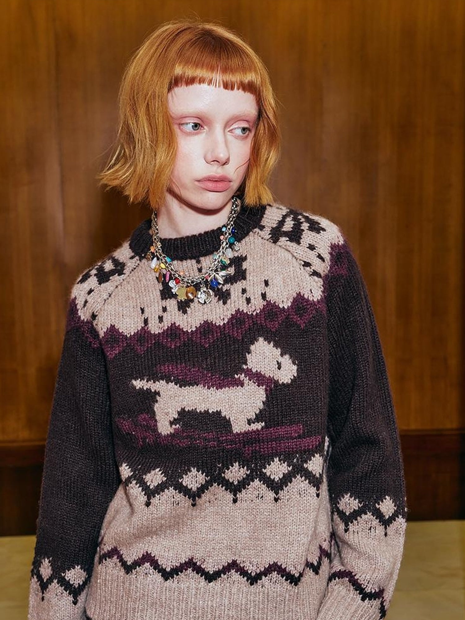 DIDDI MODA Fair Isle Ski Dog Colorblock Knit Sweater