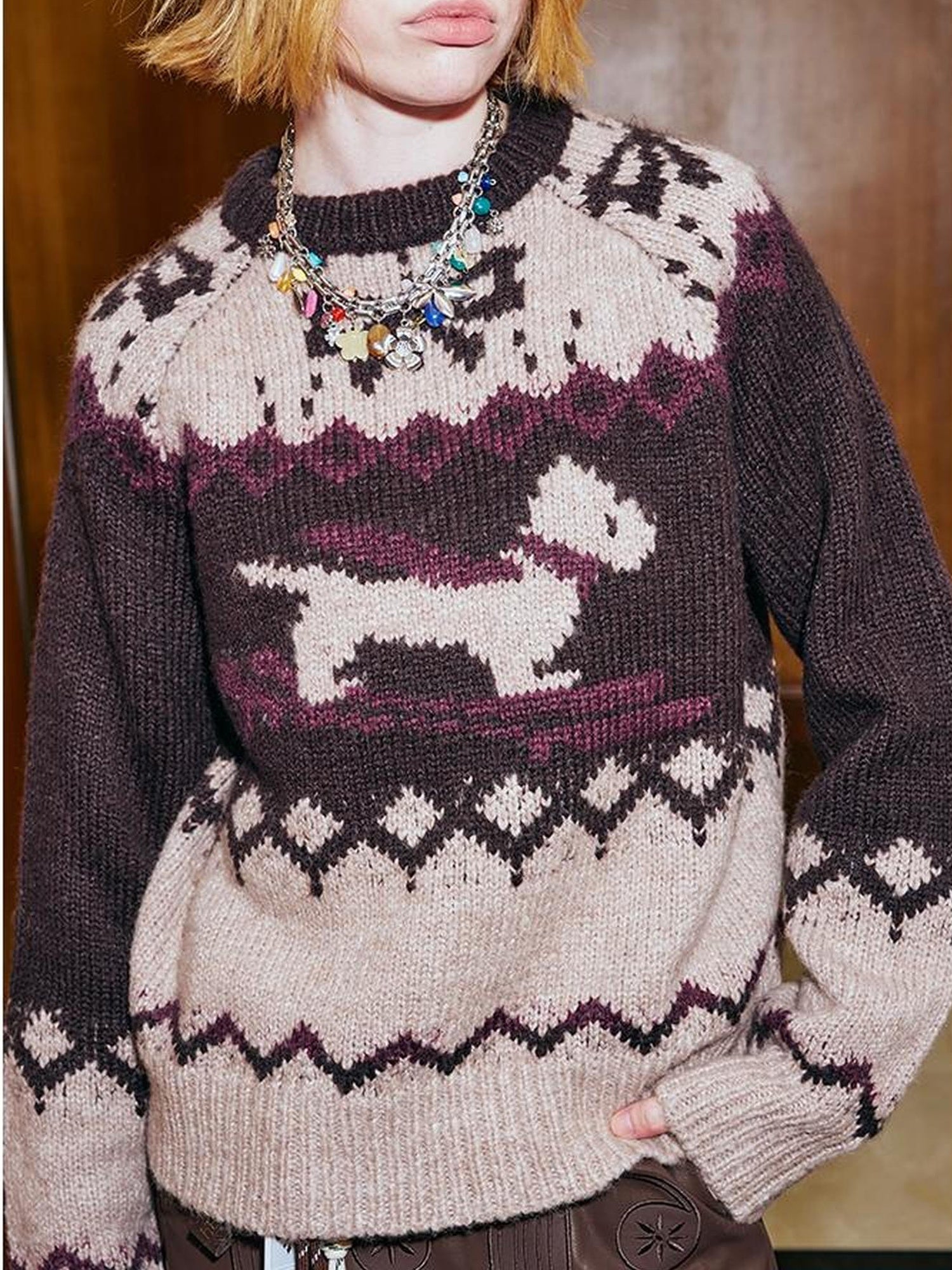 DIDDI MODA Fair Isle Ski Dog Colorblock Knit Sweater