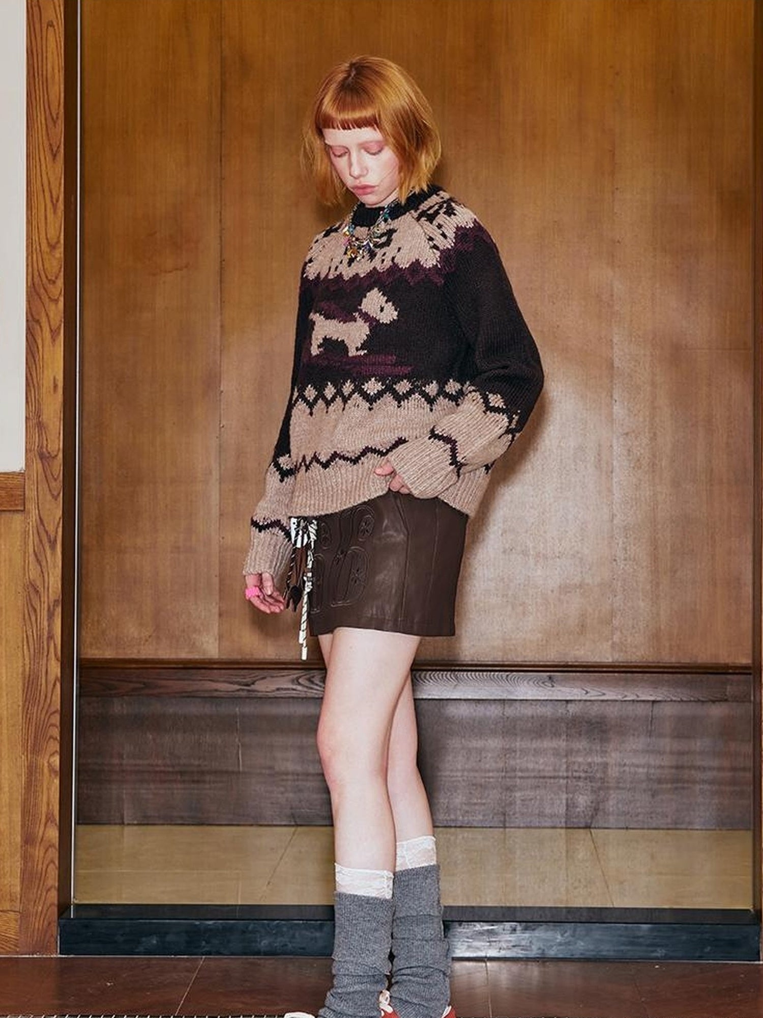 DIDDI MODA Fair Isle Ski Dog Colorblock Knit Sweater