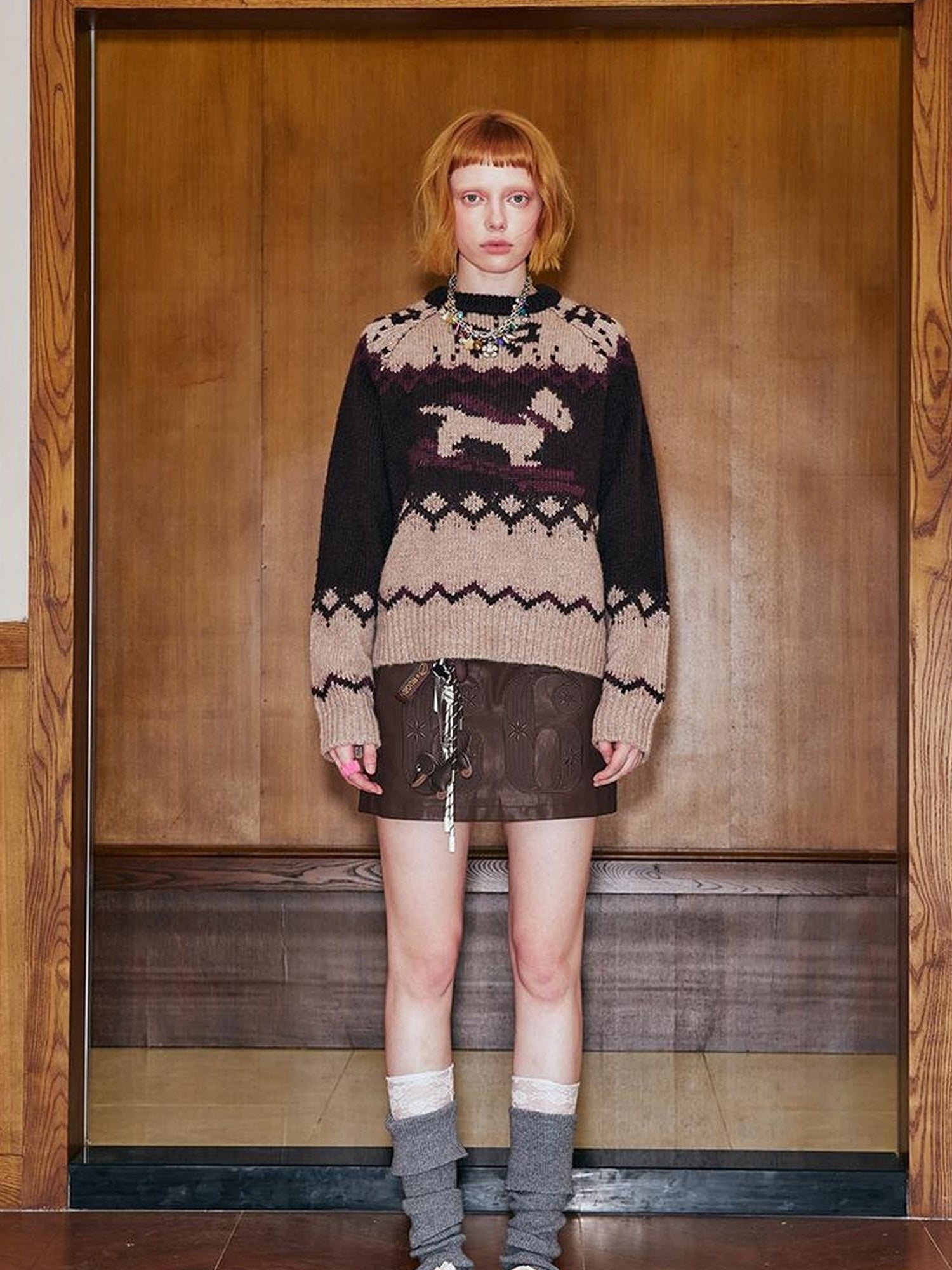 DIDDI MODA Fair Isle Ski Dog Colorblock Knit Sweater