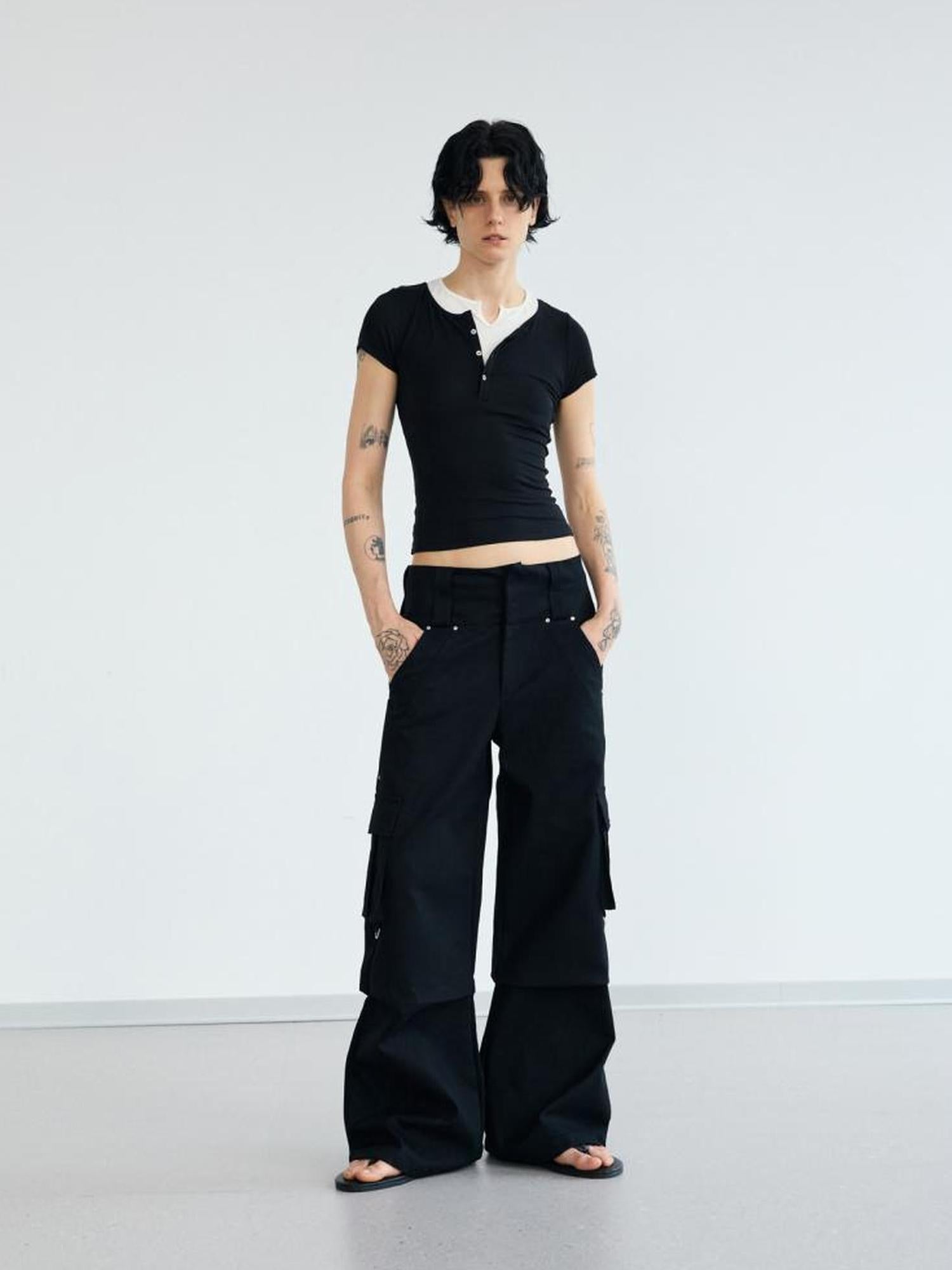 Peoplesense Fake Two Piece Slim Fit Cropped Tee With Belted Right Shoulder