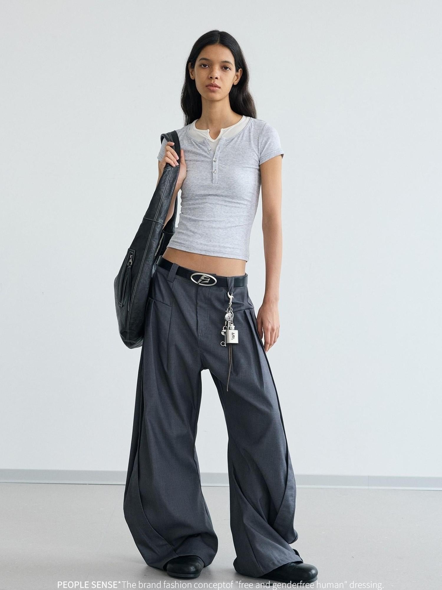 Peoplesense Fake Two Piece Slim Fit Cropped Tee With Belted Right Shoulder