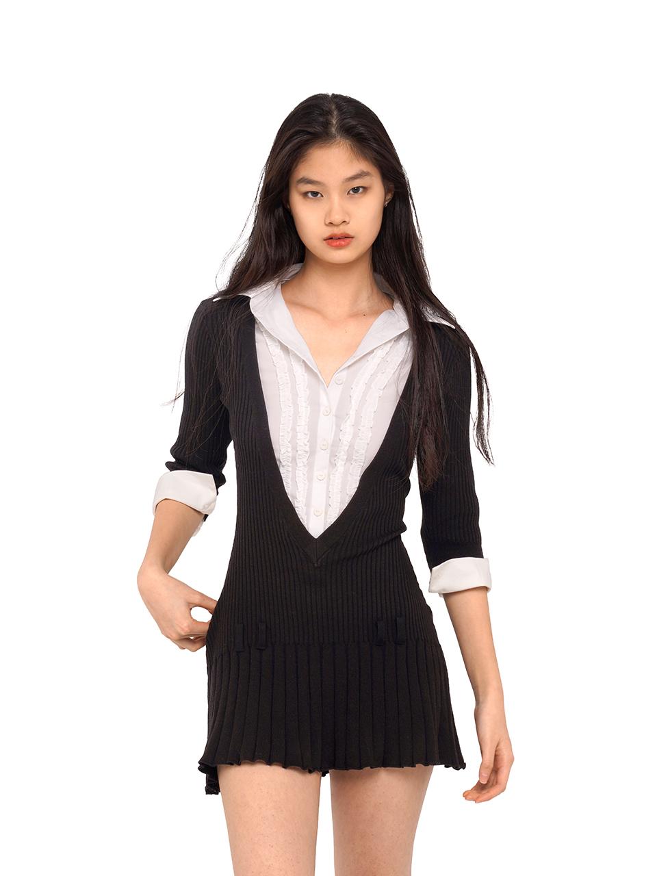 SweetChilling Fall V-Neck Shirt Collar Pleated Dress