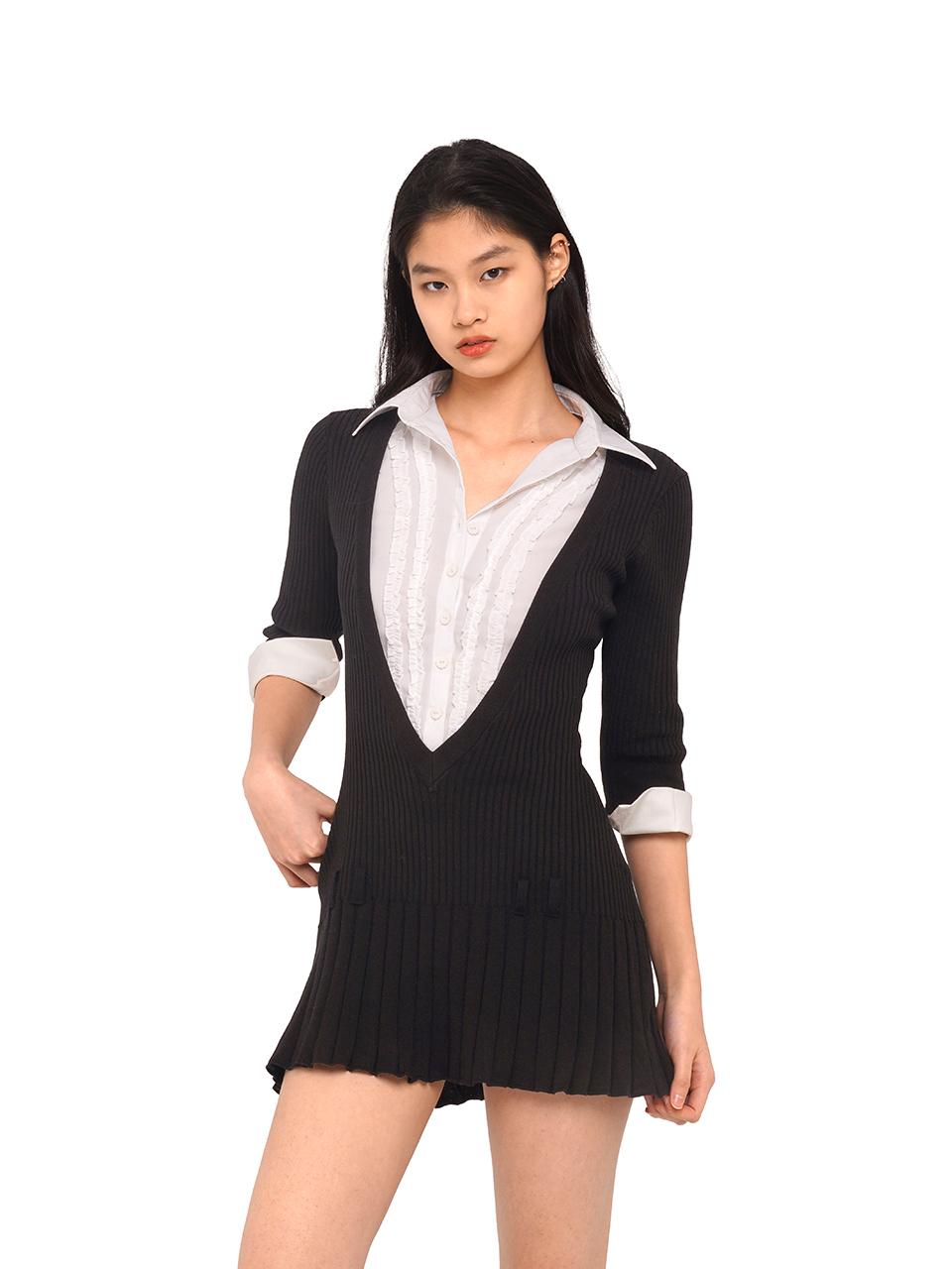 SweetChilling Fall V-Neck Shirt Collar Pleated Dress