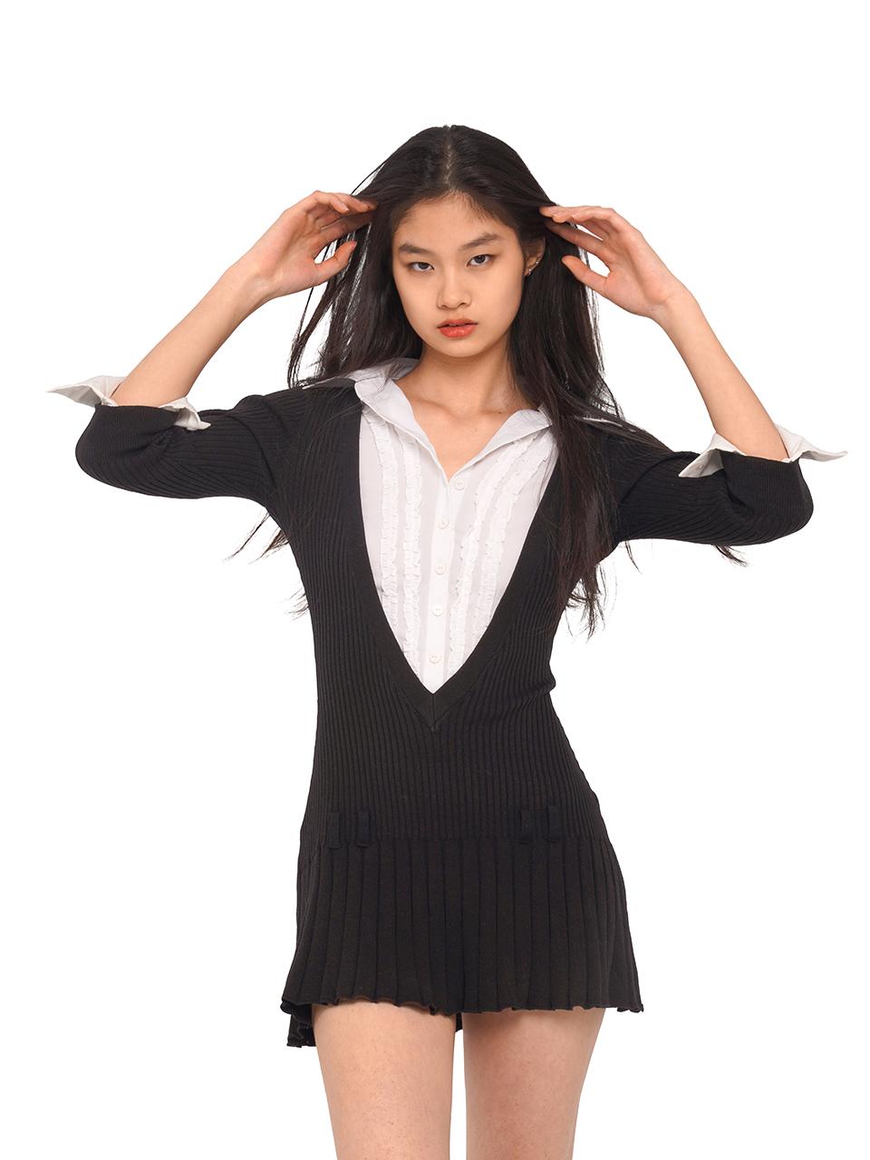 SweetChilling Fall V-Neck Shirt Collar Pleated Dress