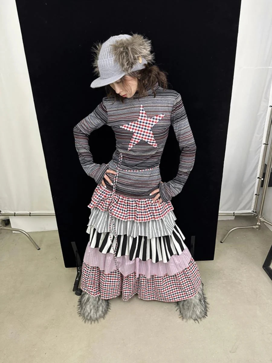 Fall Winter Plaid Star Striped Soft Knit T-Shirt