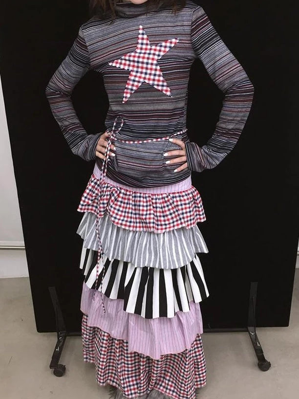 Fall Winter Plaid Star Striped Soft Knit T-Shirt