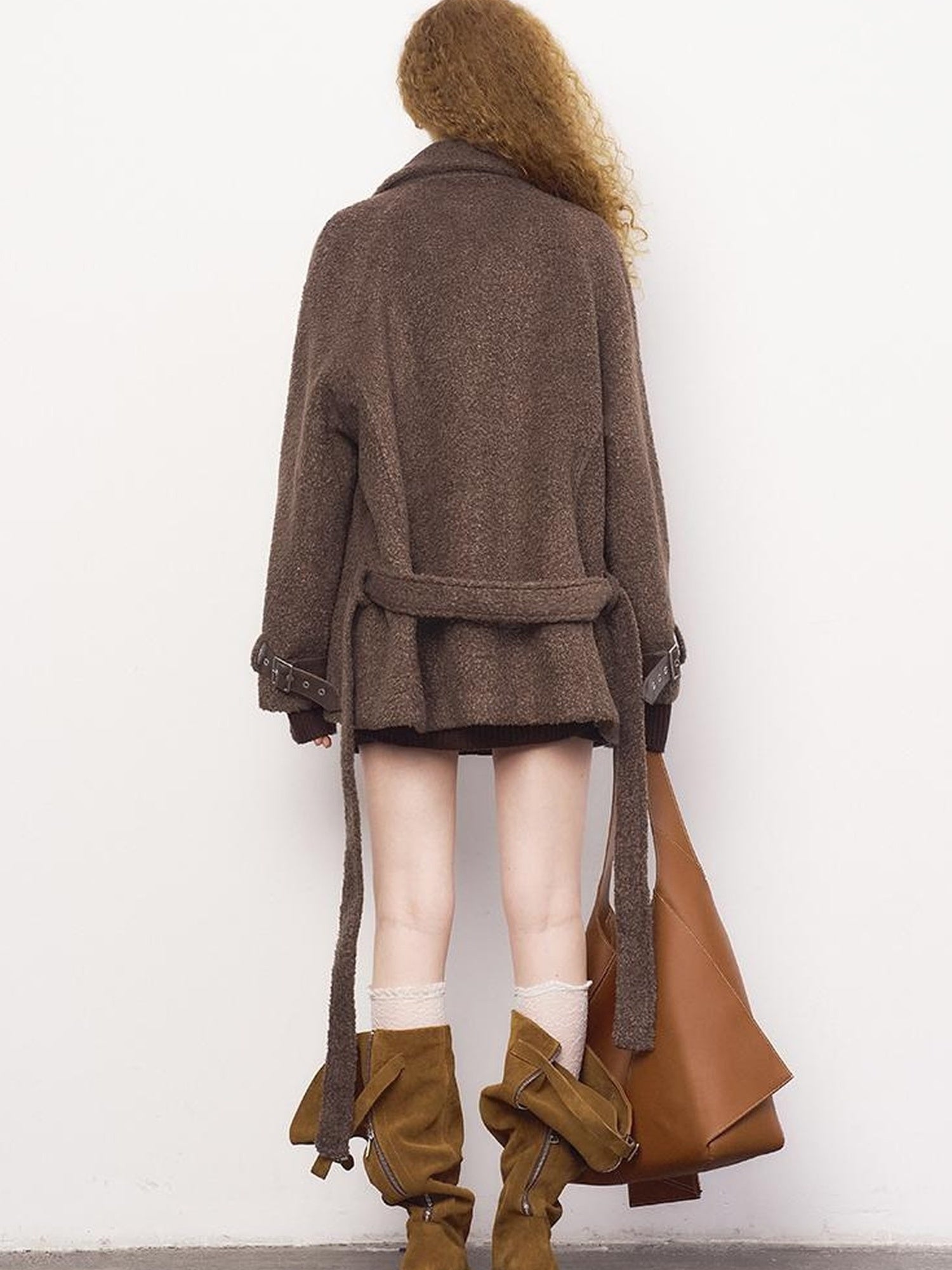 DIDDI MODA Faux Leather Trim Double Breasted Short Wool Coat