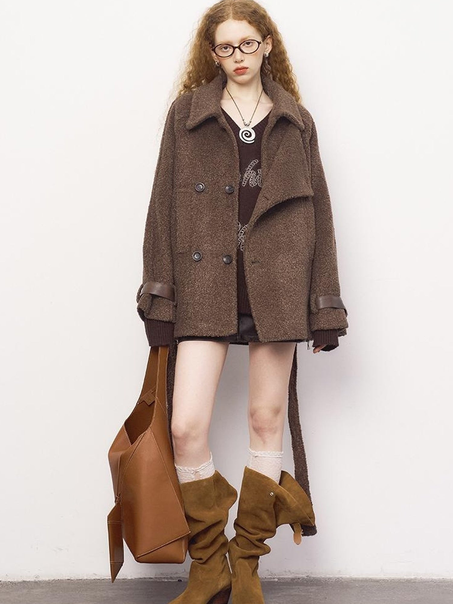 DIDDI MODA Faux Leather Trim Double Breasted Short Wool Coat