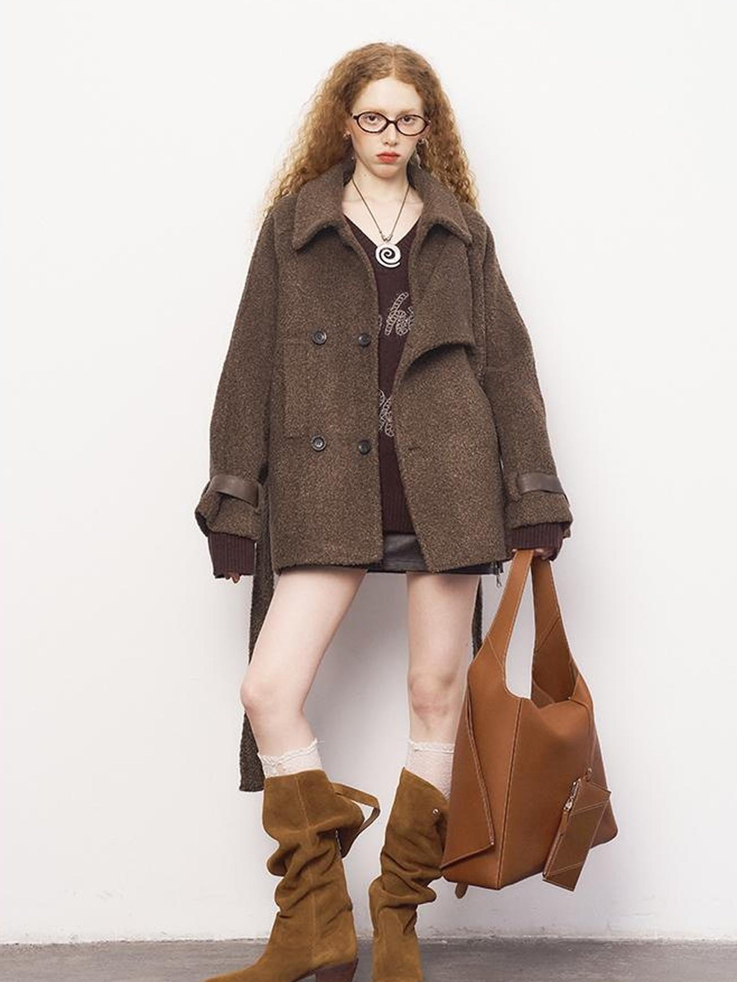 DIDDI MODA Faux Leather Trim Double Breasted Short Wool Coat