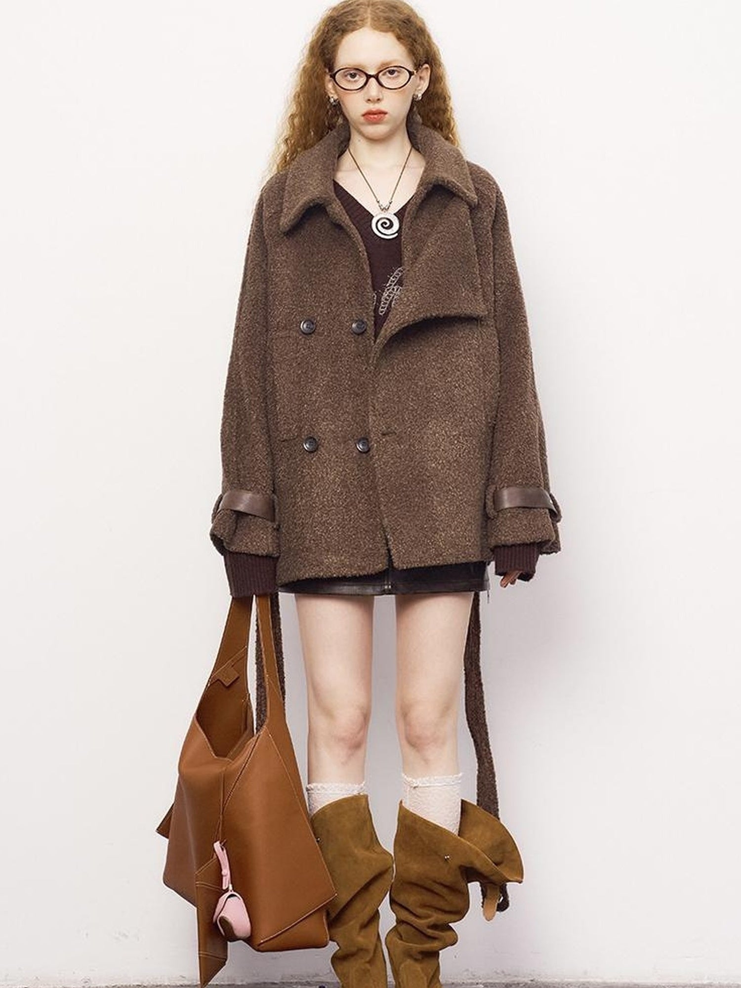 DIDDI MODA Faux Leather Trim Double Breasted Short Wool Coat