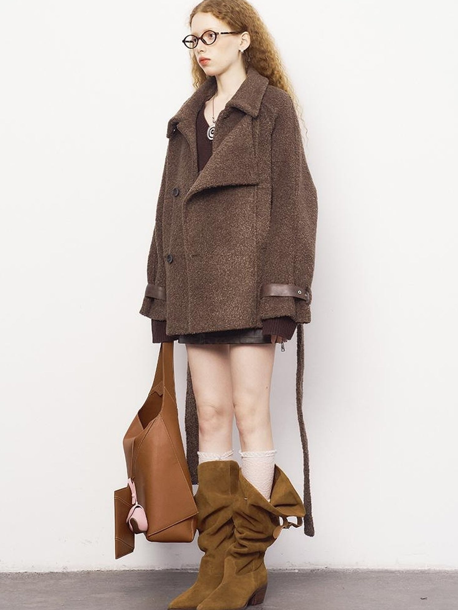 DIDDI MODA Faux Leather Trim Double Breasted Short Wool Coat