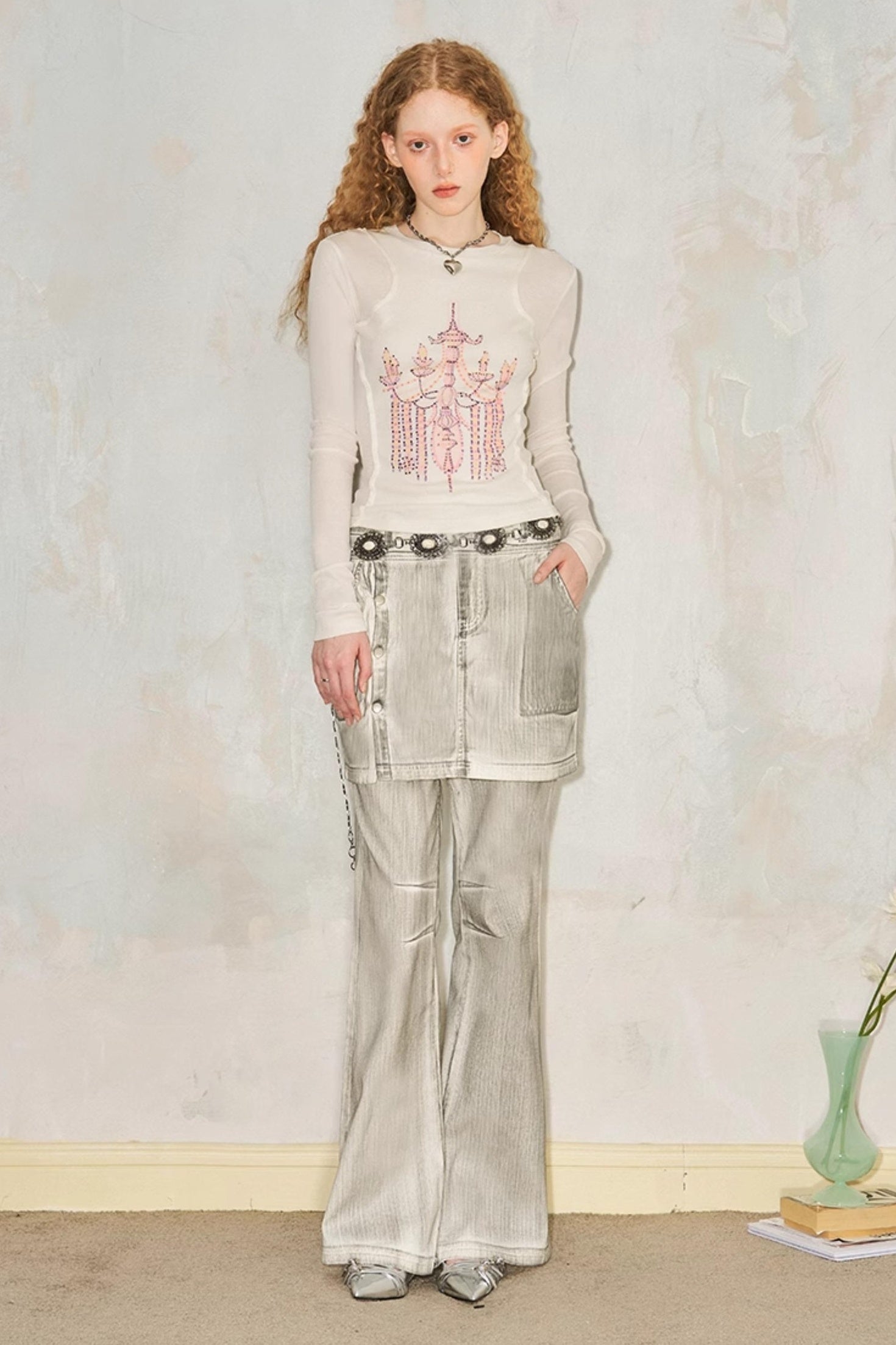 DIDDI MODA Faux Two Tone Flared Denim Culottes With Metallic Waist Chain