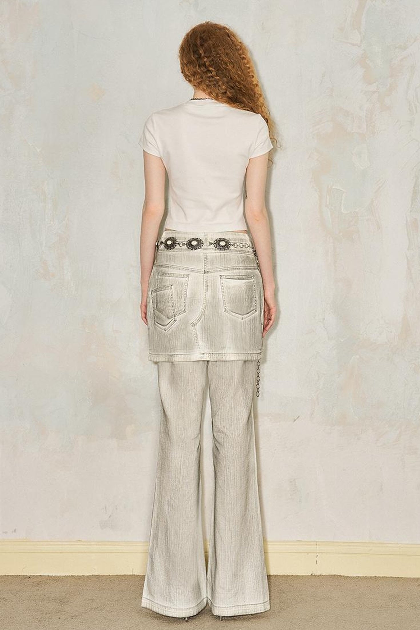 Faux Two Tone Flared Denim Culottes With Metallic Waist Chain