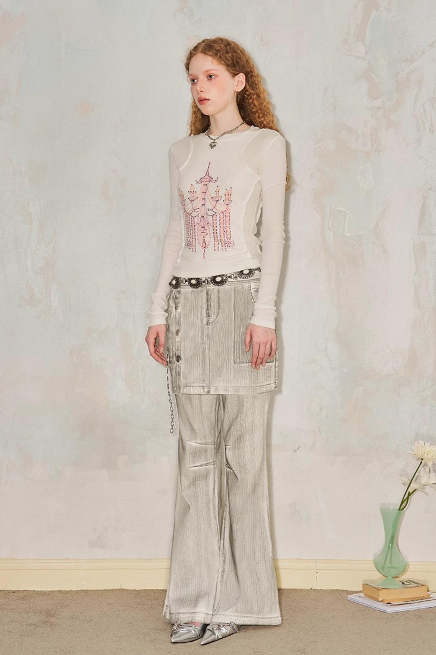 Faux Two Tone Flared Denim Culottes With Metallic Waist Chain