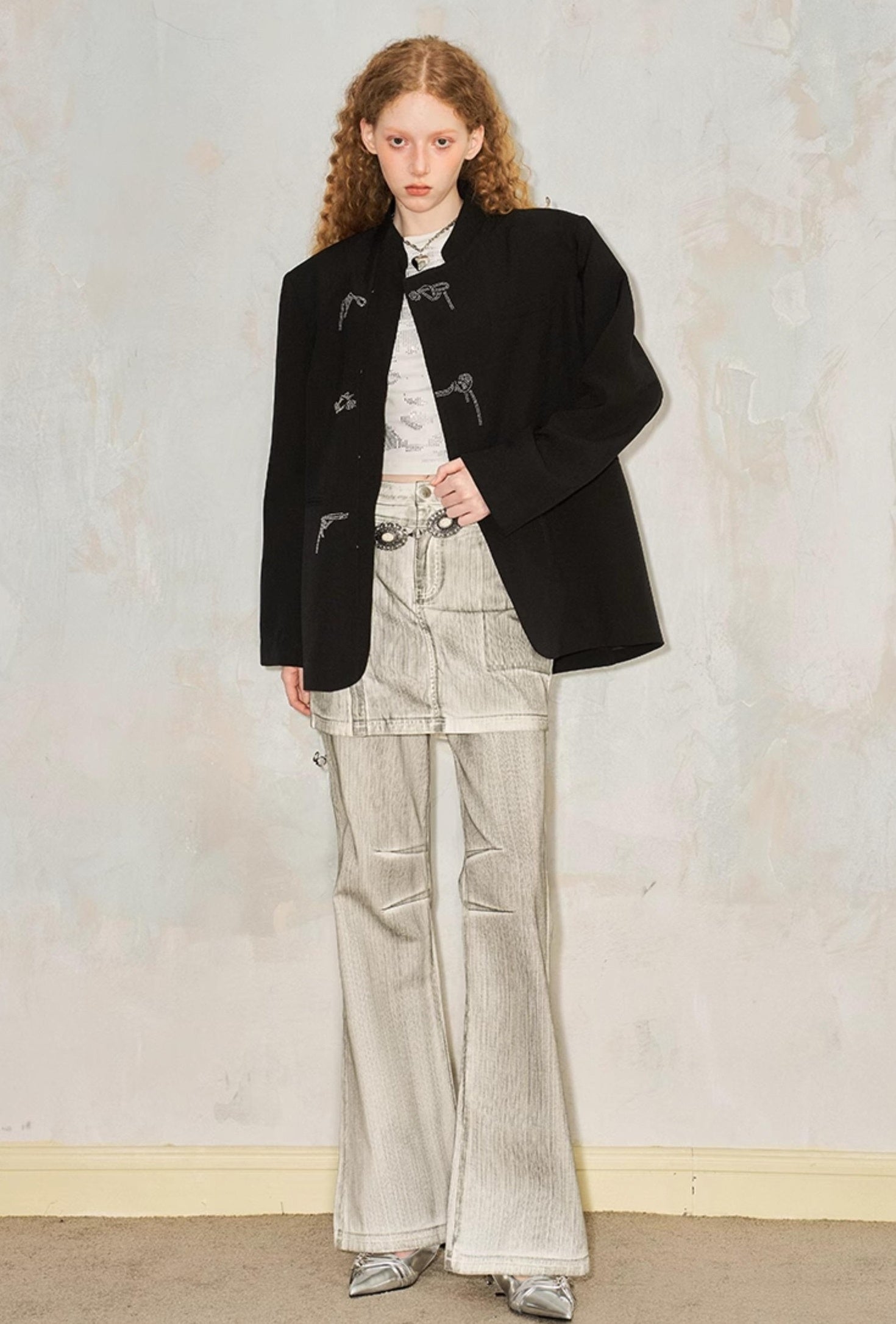 Faux Two Tone Flared Denim Culottes With Metallic Waist Chain