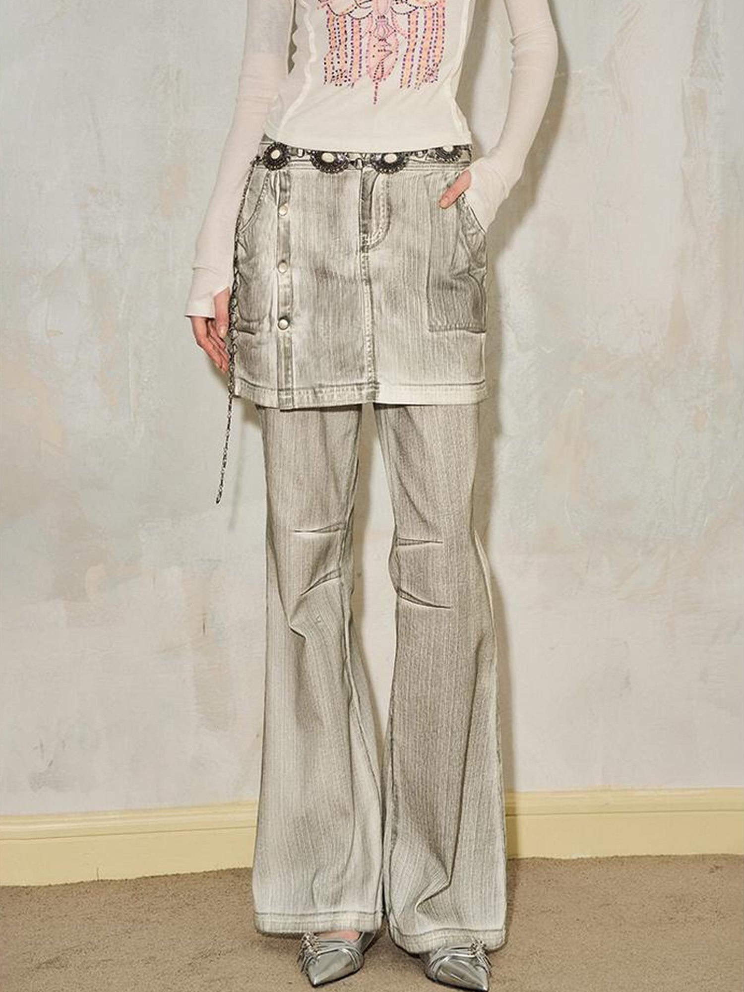 DIDDI MODA Faux Two Tone Flared Denim Culottes With Metallic Waist Chain