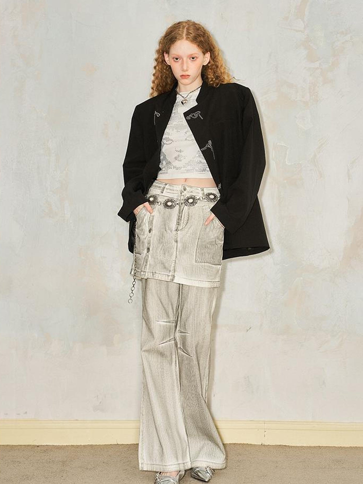 Faux Two Tone Flared Denim Culottes With Metallic Waist Chain