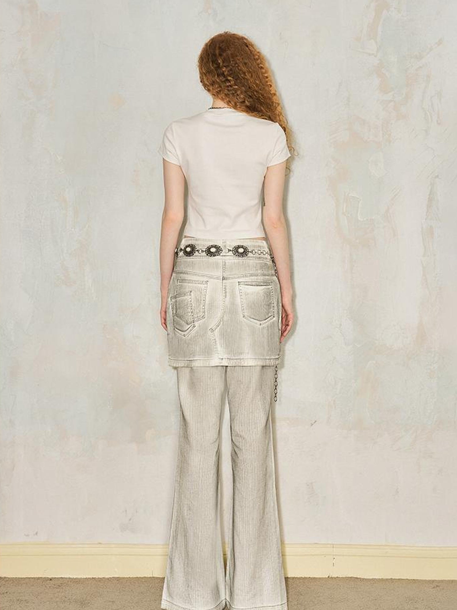 Faux Two Tone Flared Denim Culottes With Metallic Waist Chain