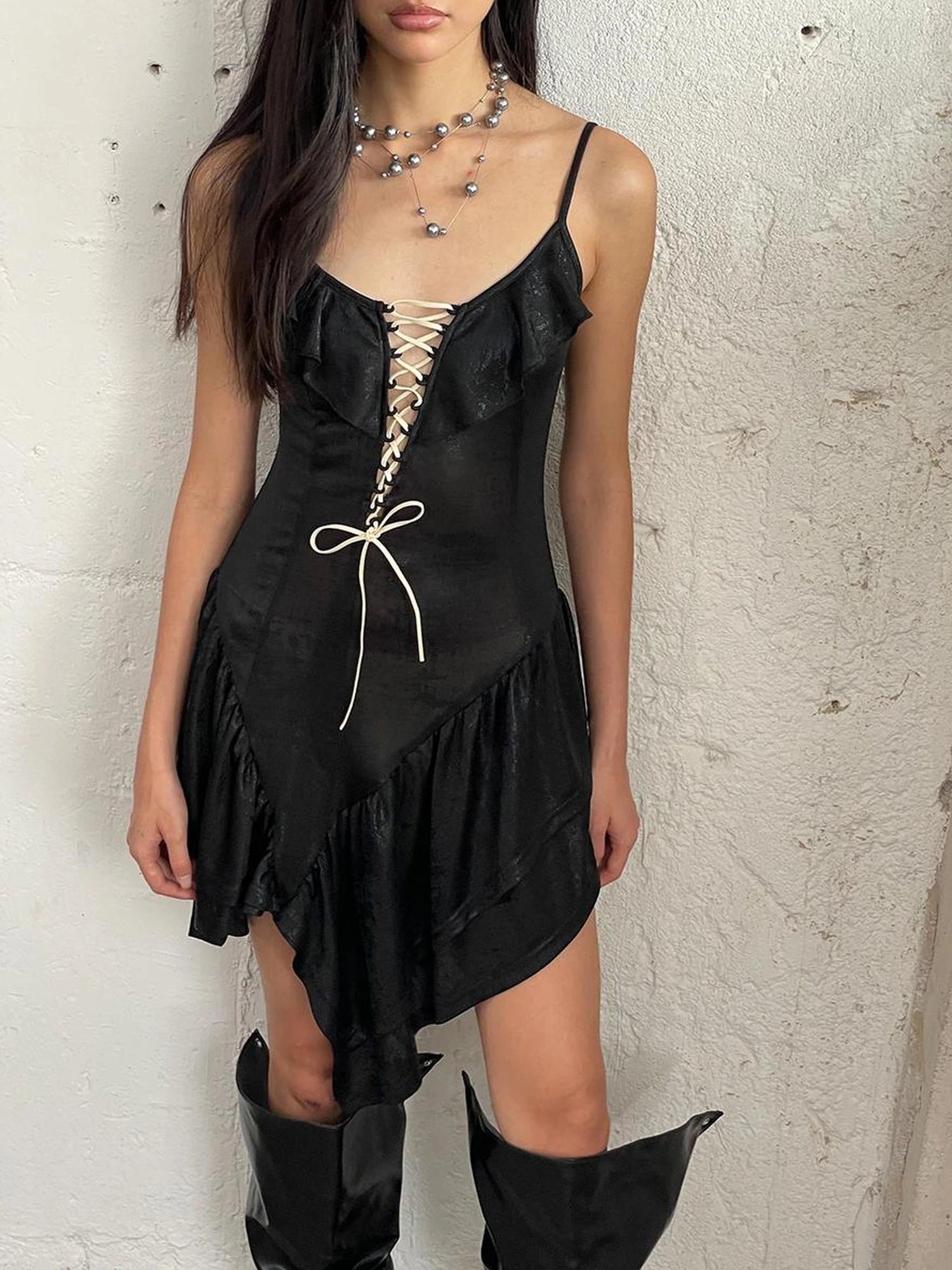 FayChui Asymmetric Lace Up Ruffle Hem Slip Dress