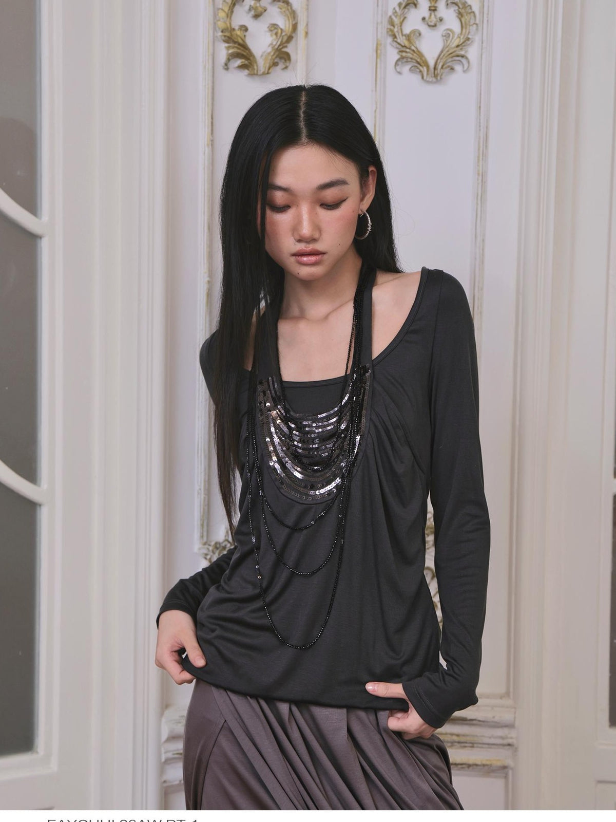 FayChui Beaded Faux Layer Lyocell Loose Fit Women&