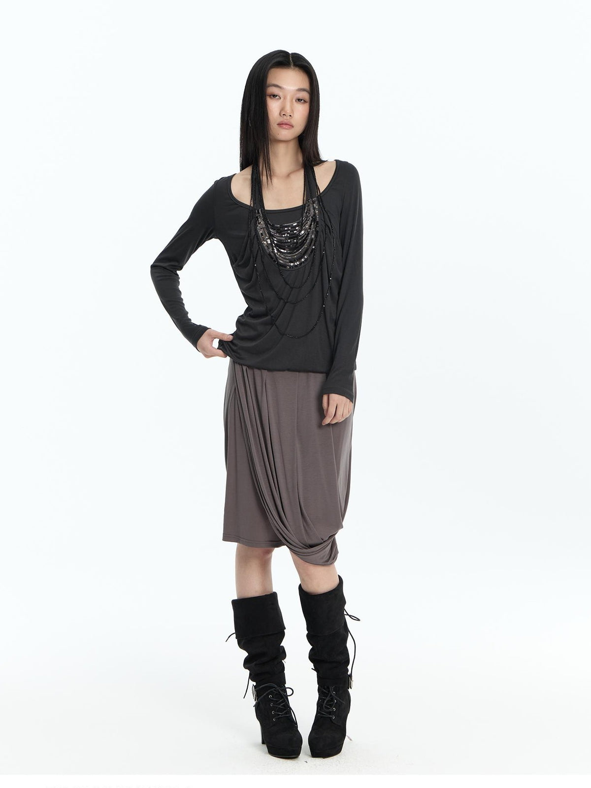 FayChui Beaded Faux Layer Lyocell Loose Fit Women&