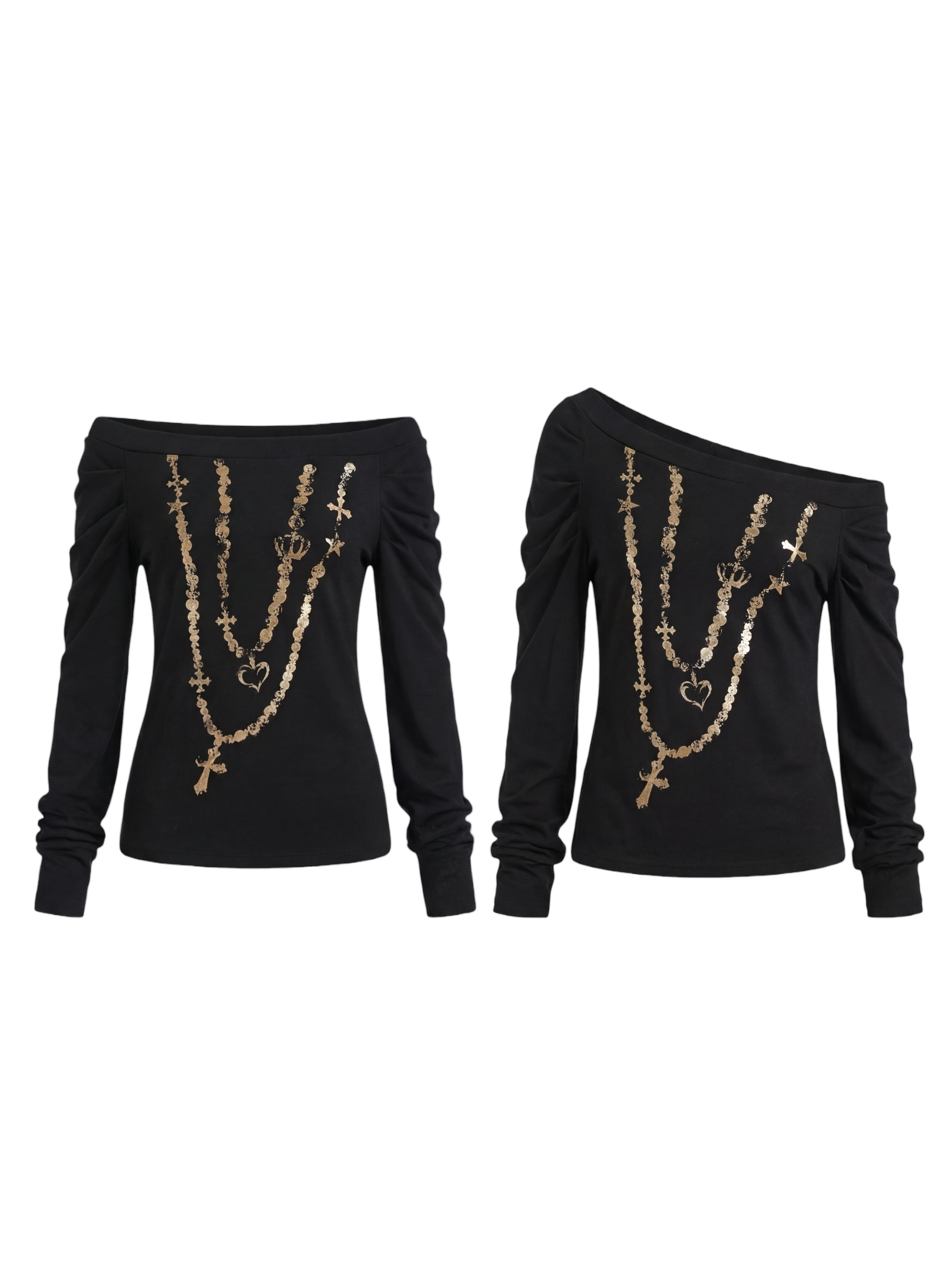 FayChui_Black_Gold_Foil_Chain_Asymmetrical_Raglan_Women&