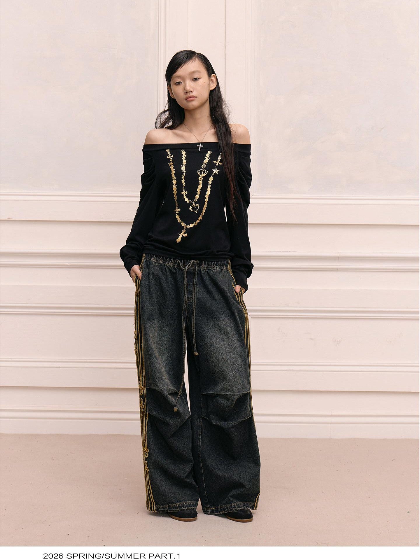 FayChui Black Gold Foil Chain Asymmetrical Raglan Women&