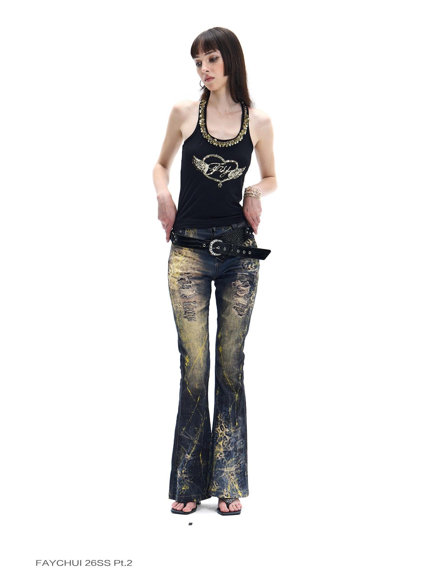 FayChui Black Gold Wing Heart Embroidered Halter Women&