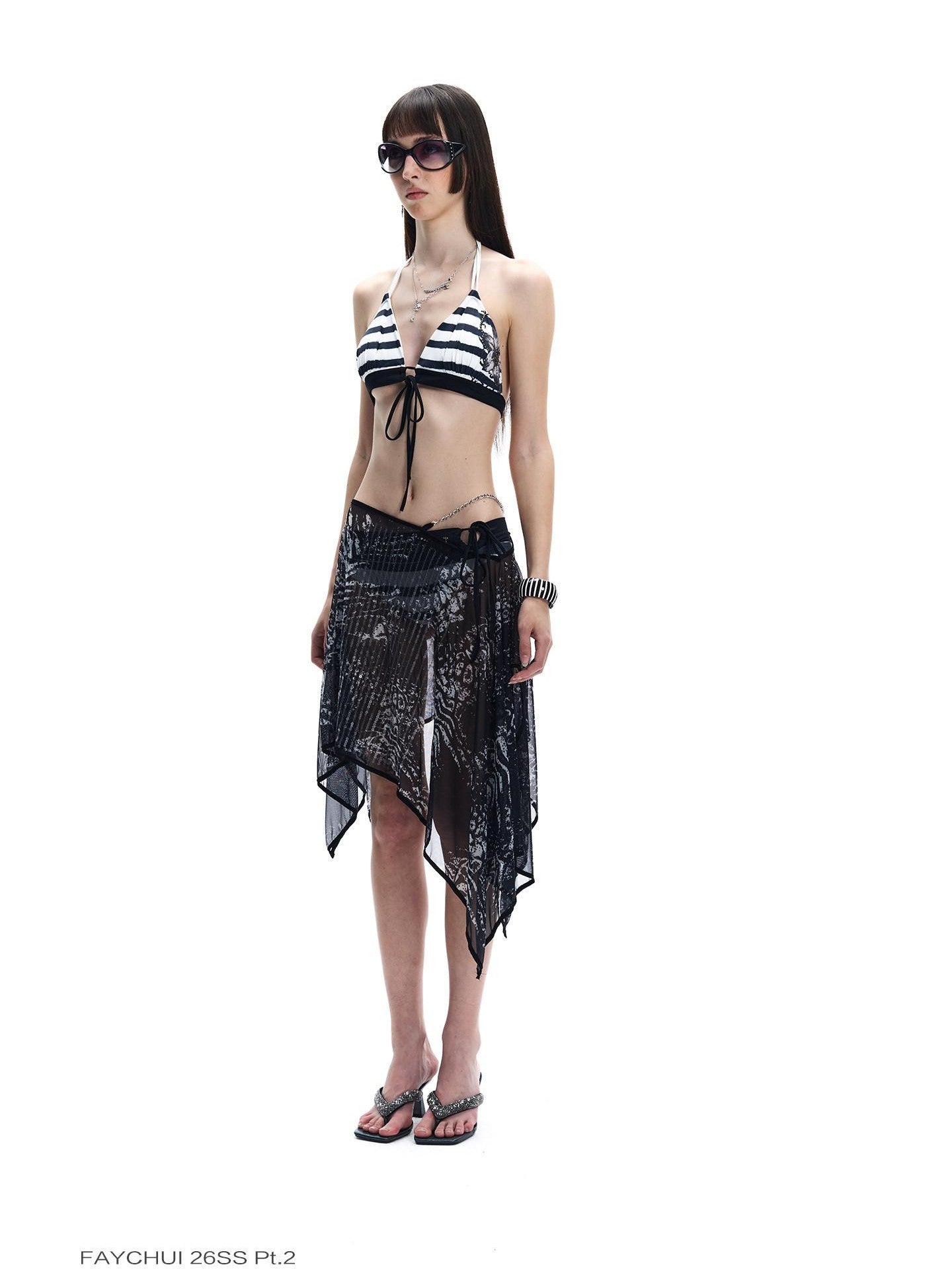 FayChui Black White Striped Floral Cutout Rhinestone Women&