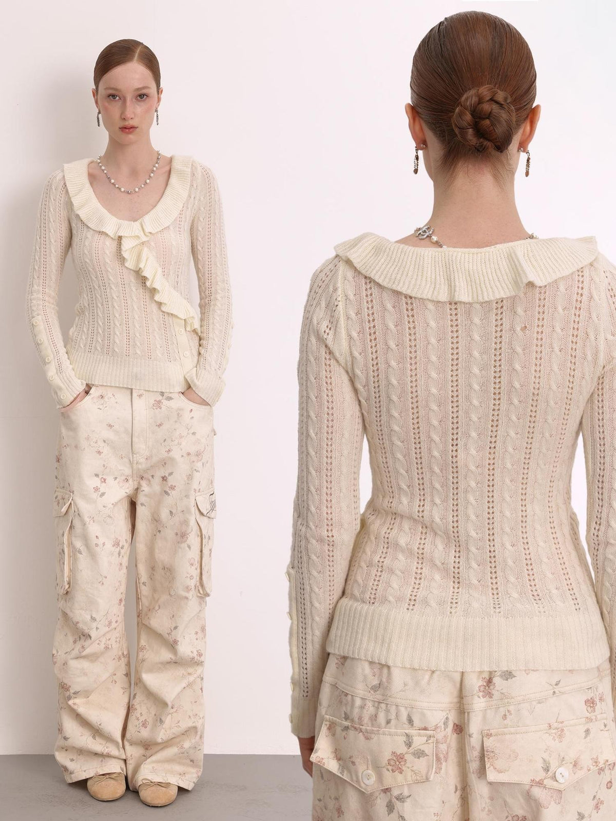 FayChui Cable Knit Openwork Ruffle Slim Fit Wool Cashmere Women&