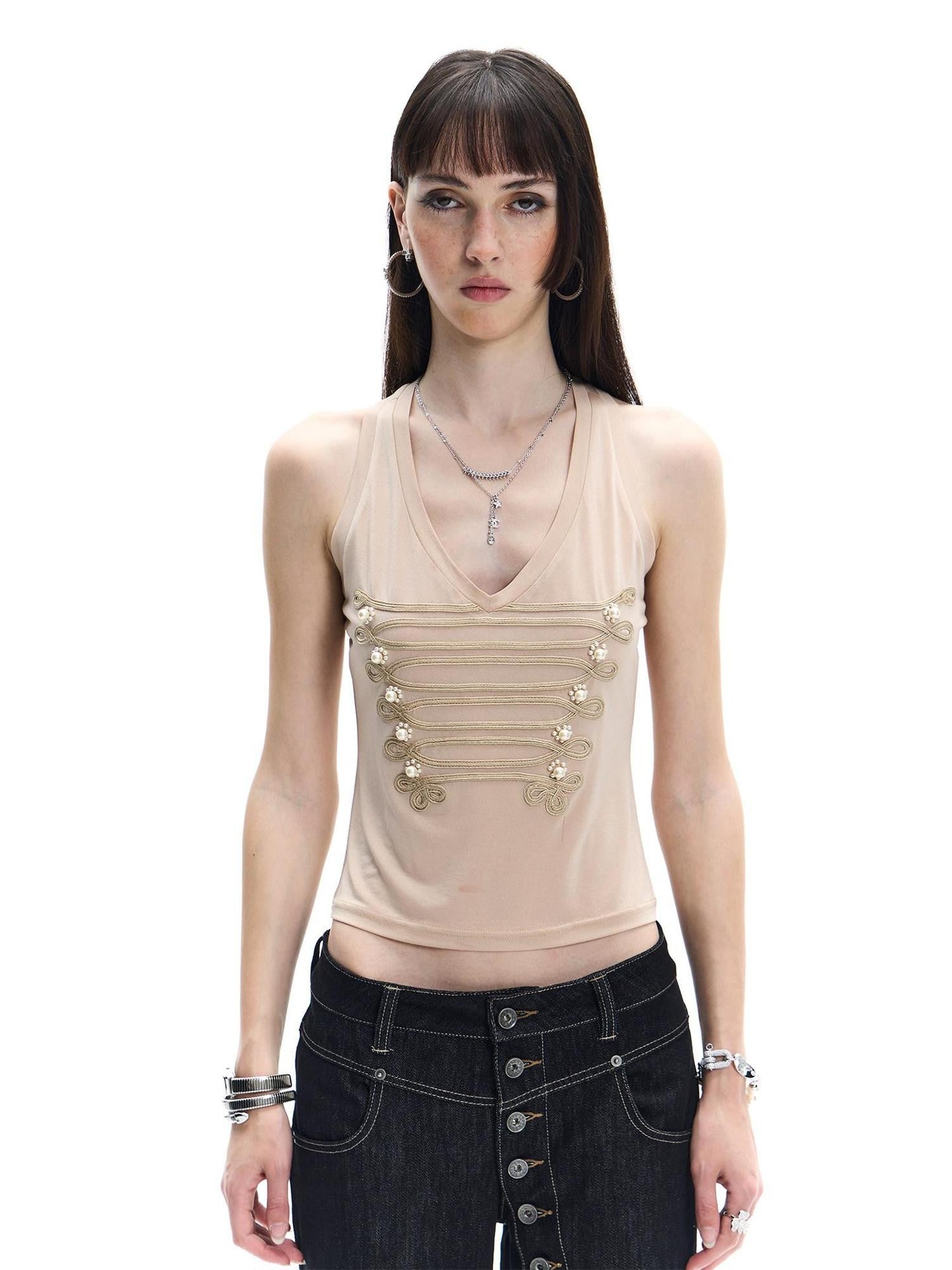 FayChui Court Pearl Knot 3d Embellished Double Rib V-neck Slim Women&
