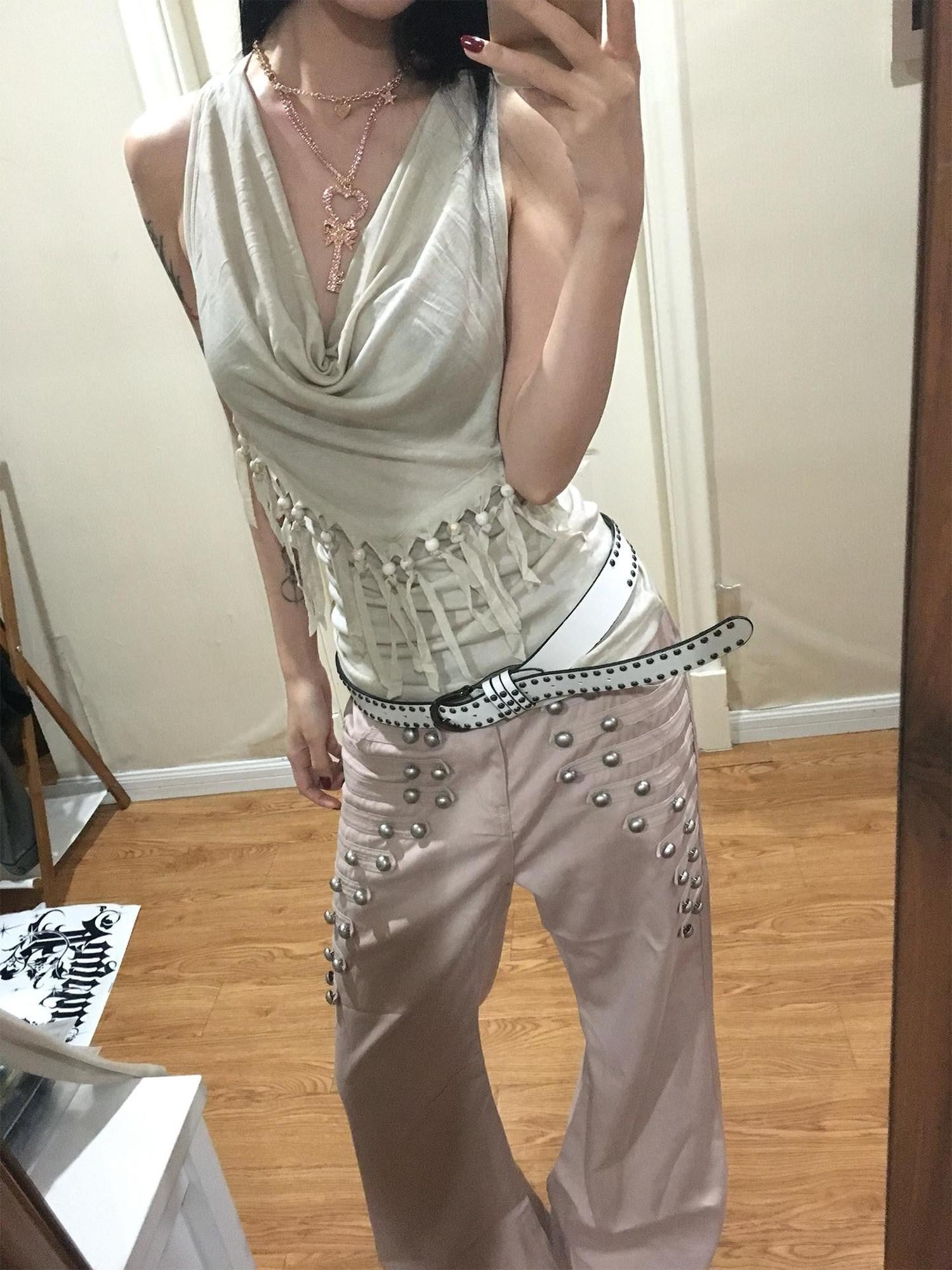 FayChui Court Style Metal Button High Waist Women&