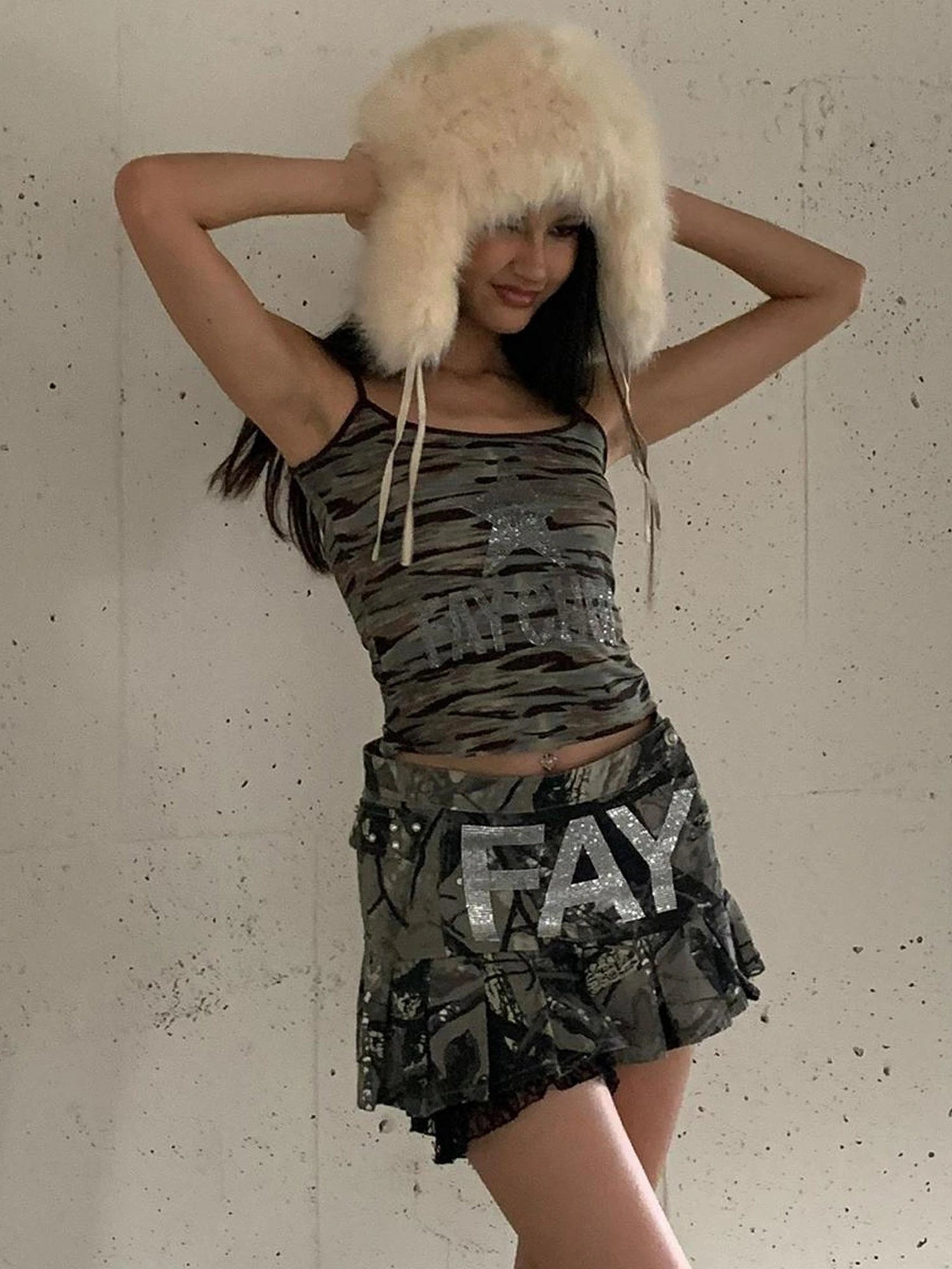 FayChui Crystal Embellished Camouflage Pleated A Line Skirt