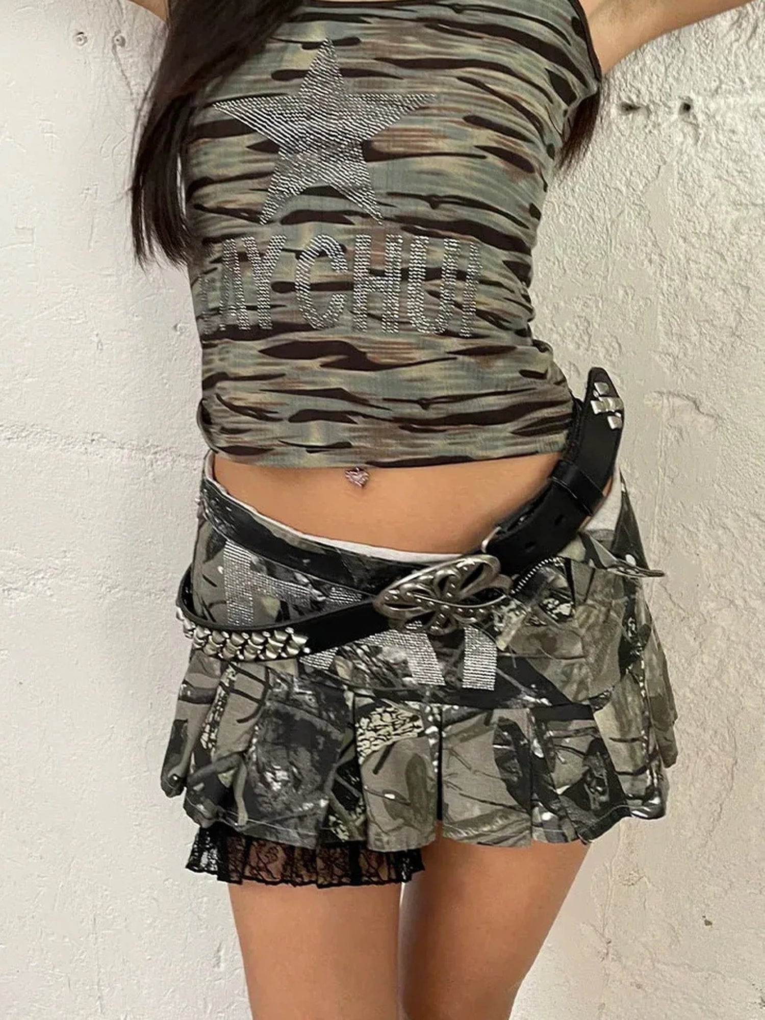 FayChui Crystal Embellished Camouflage Pleated A Line Skirt