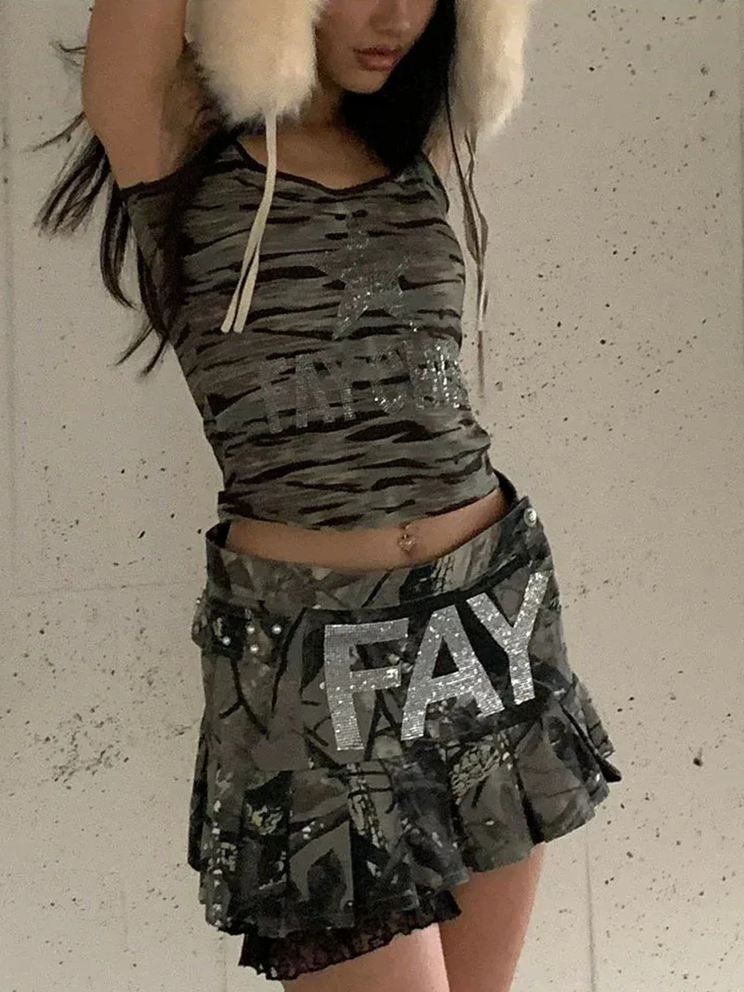 FayChui Crystal Embellished Camouflage Pleated A Line Skirt