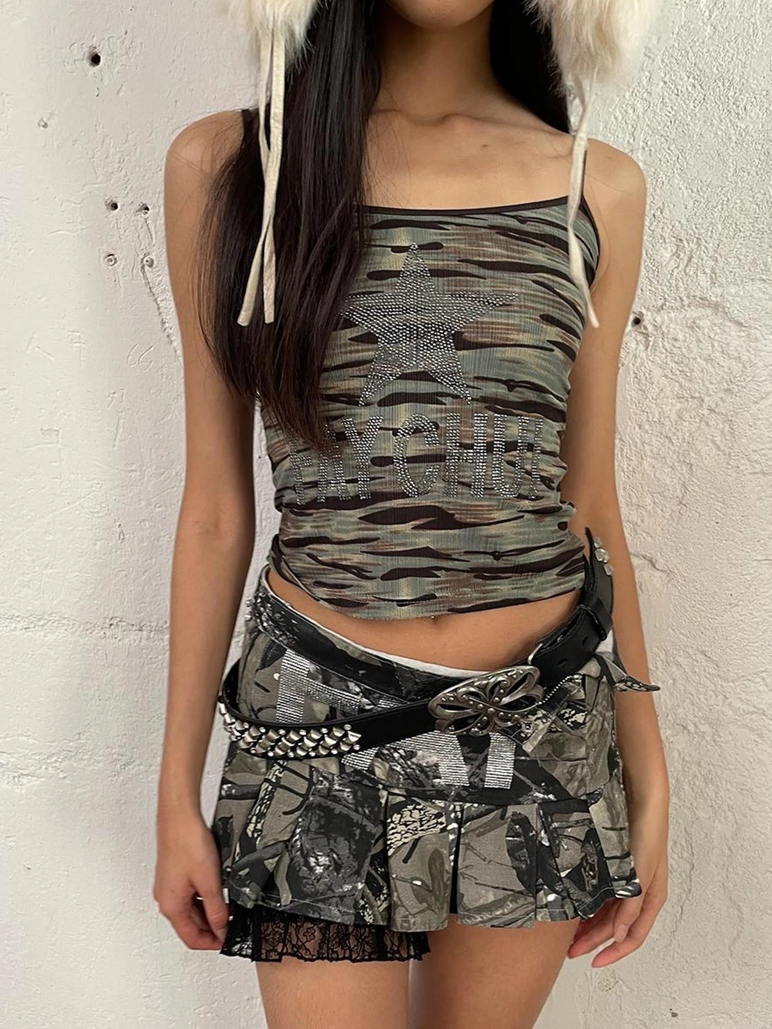 FayChui Crystal Embellished Camouflage Pleated A Line Skirt