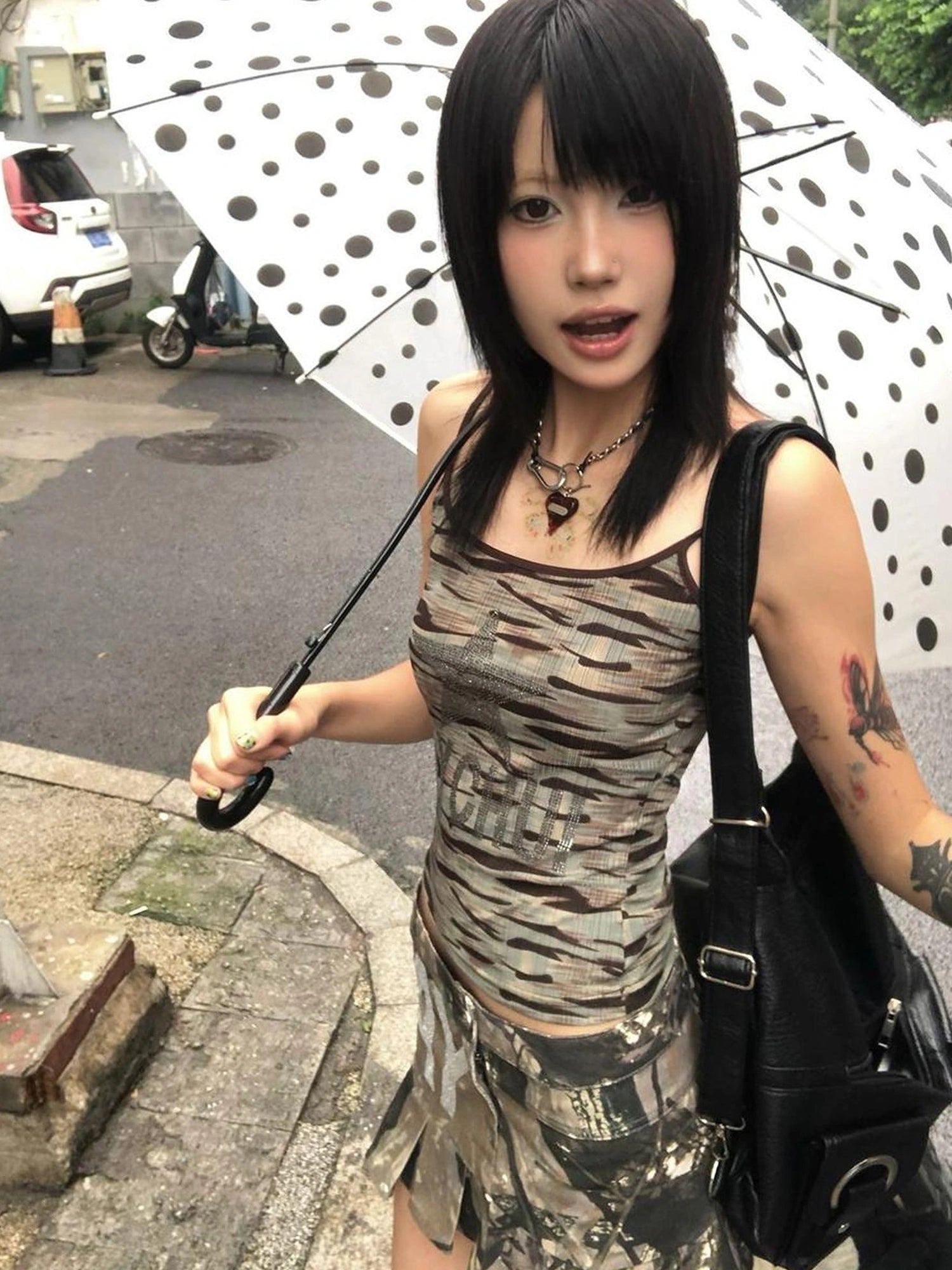 FayChui Crystal Embellished Camouflage Pleated A Line Skirt