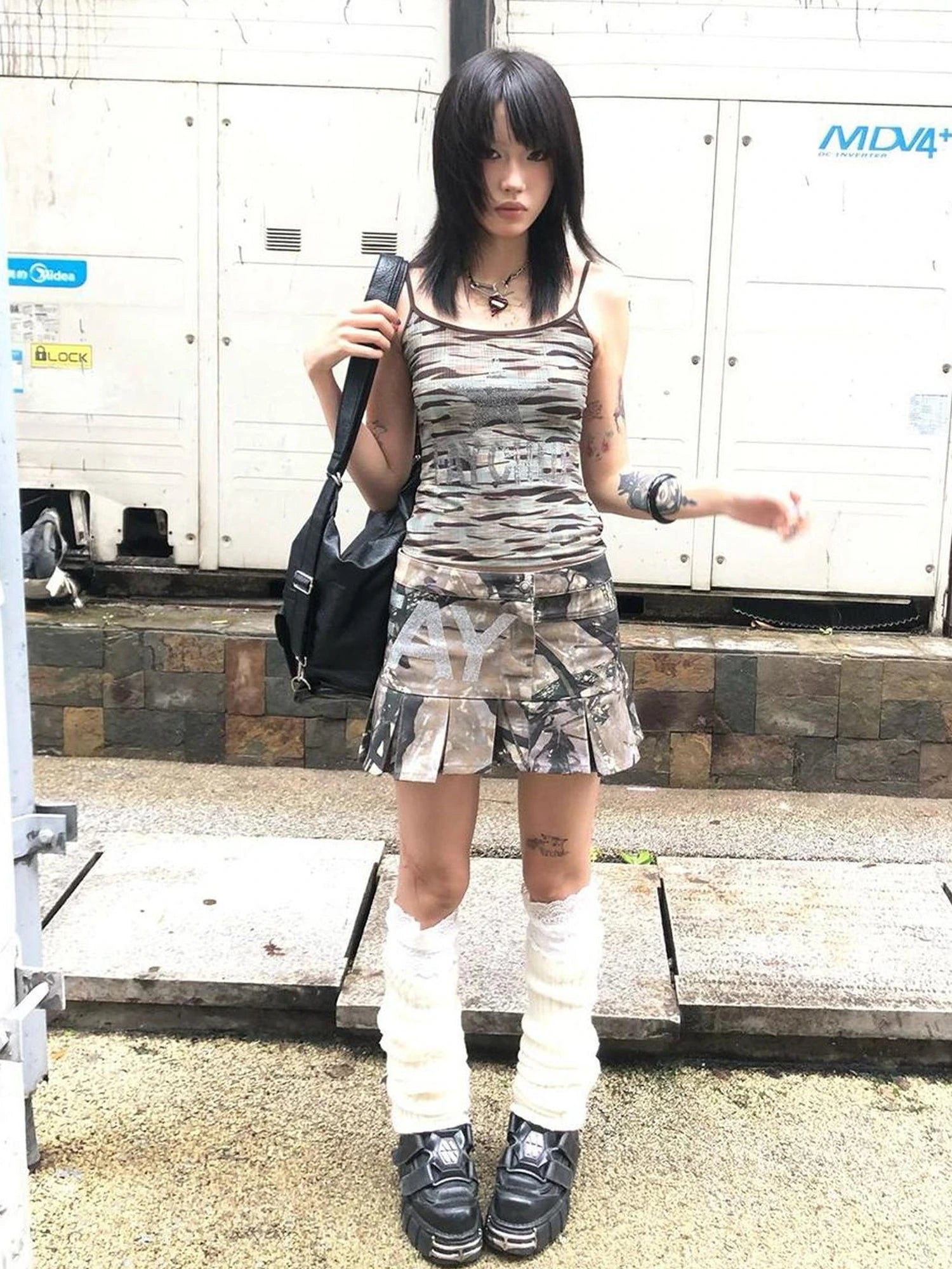 FayChui Crystal Embellished Camouflage Pleated A Line Skirt