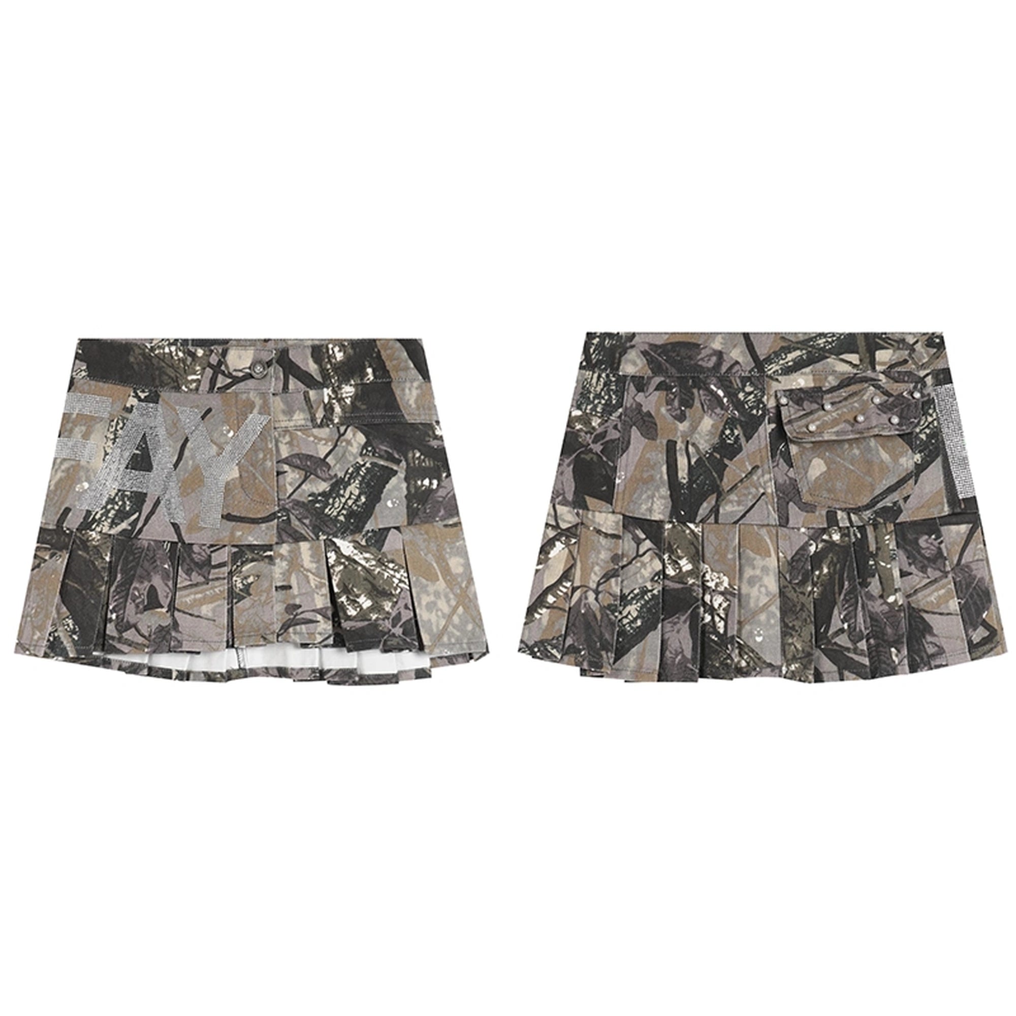 FayChui Crystal Embellished Camouflage Pleated A Line Skirt